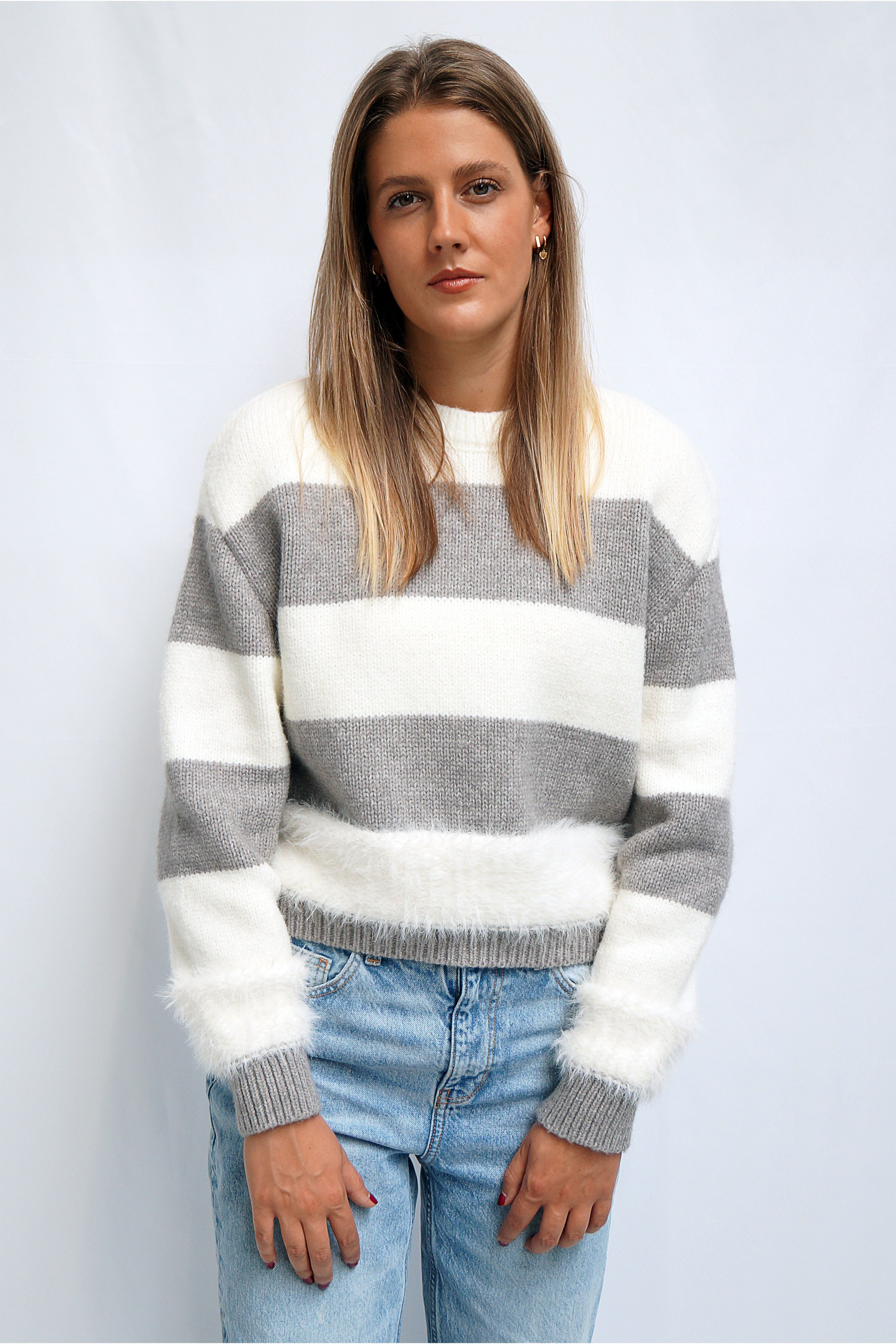 Strickpullover Damen Rundhalsausschnitt und trendigen Blockstreifen