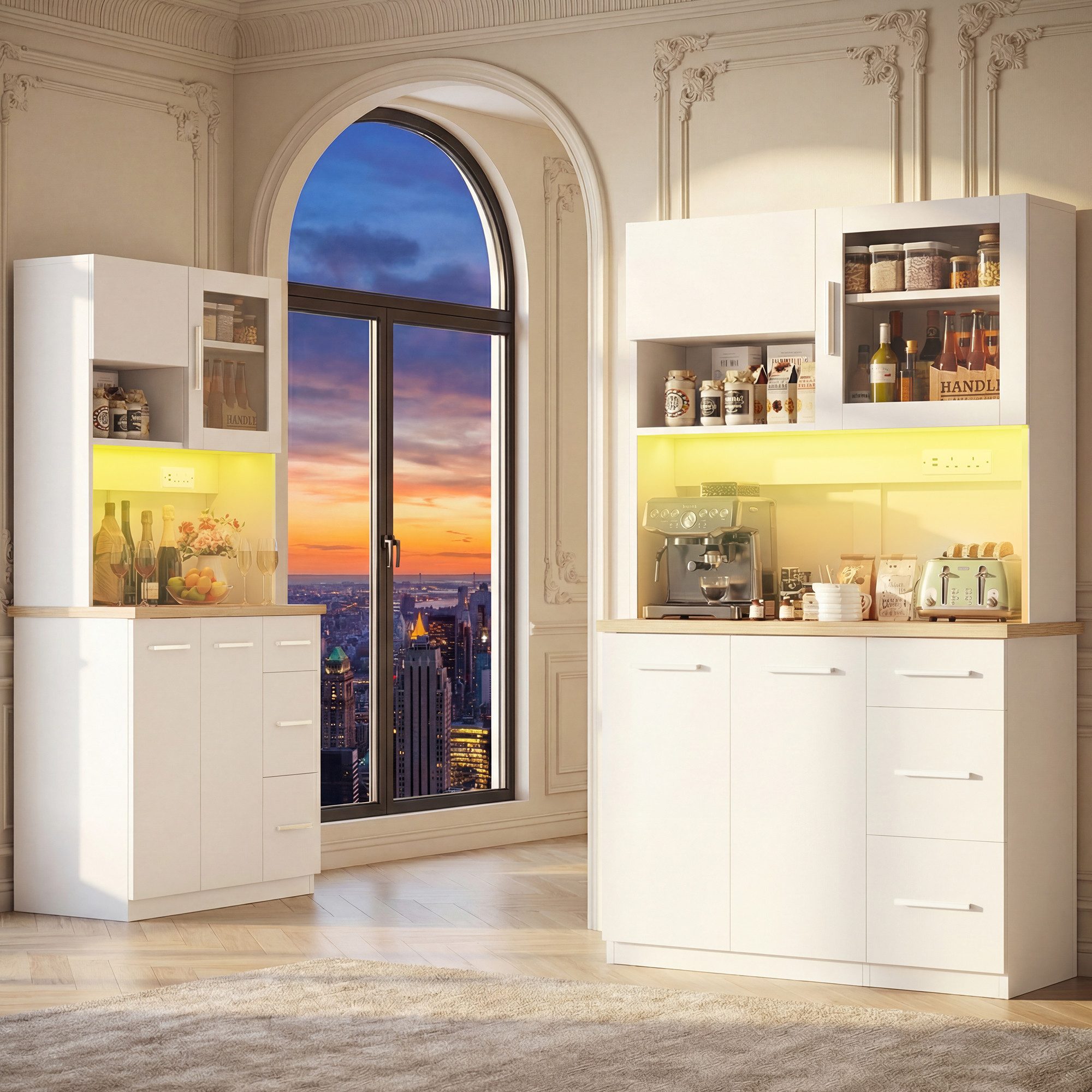 Furnicopia Küchenbuffet Hohe Schränke, Küchenzeilen, Sideboards, mit LED-Beleuchtung (Maße: 100 × 40 × 182 cm, mit 3 Schubladen + 3 Schranktüren + 1 offenem Staufach und Arbeitsplatte, 2 Steckdosen + 2 USB-Anschlüssen, mit verstellbaren Einlegeböden)