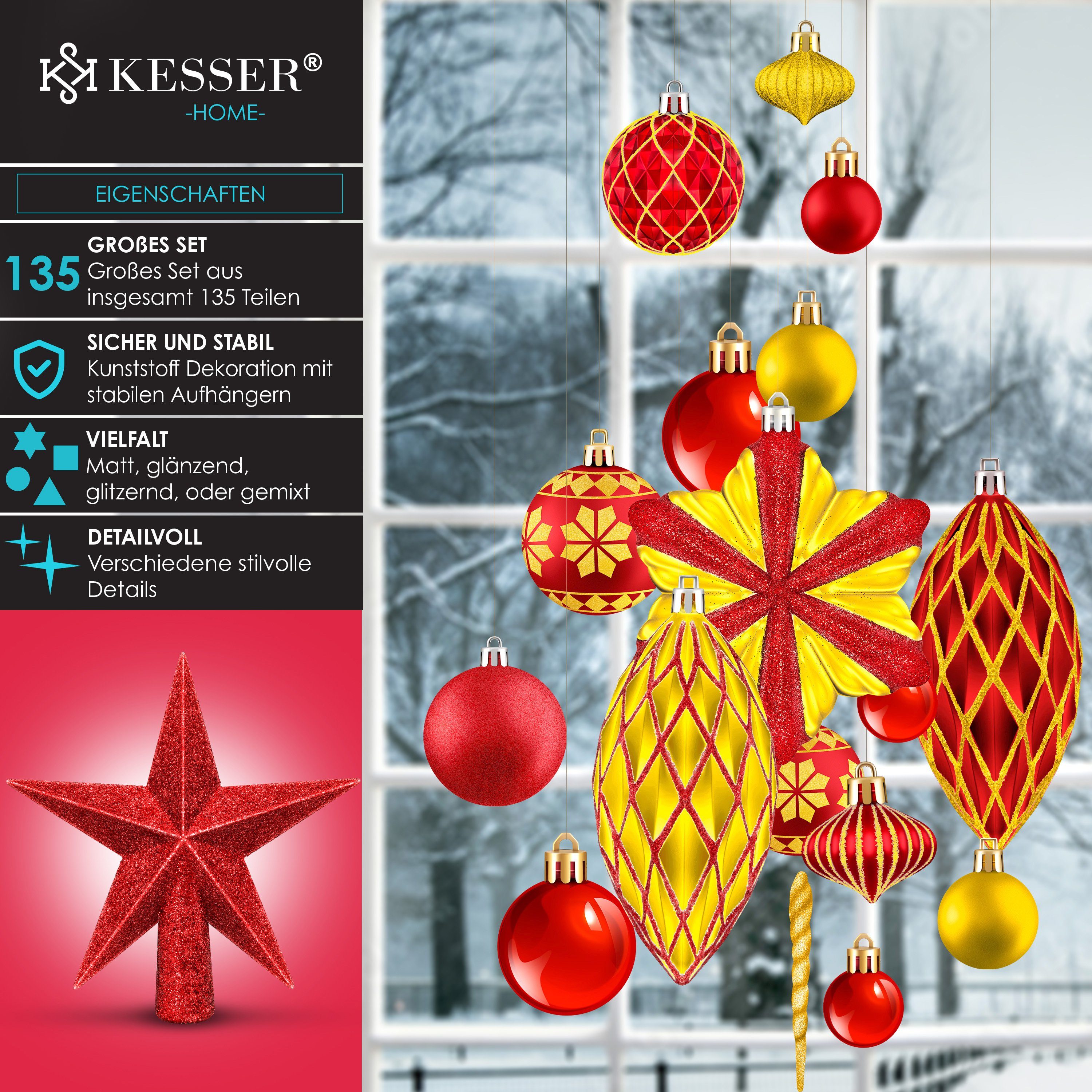KESSER Christbaumschmuck (135-tlg), Weihnachtskugeln 105-teiliges / rot Set Christbaumkugeln Baumspitze gold