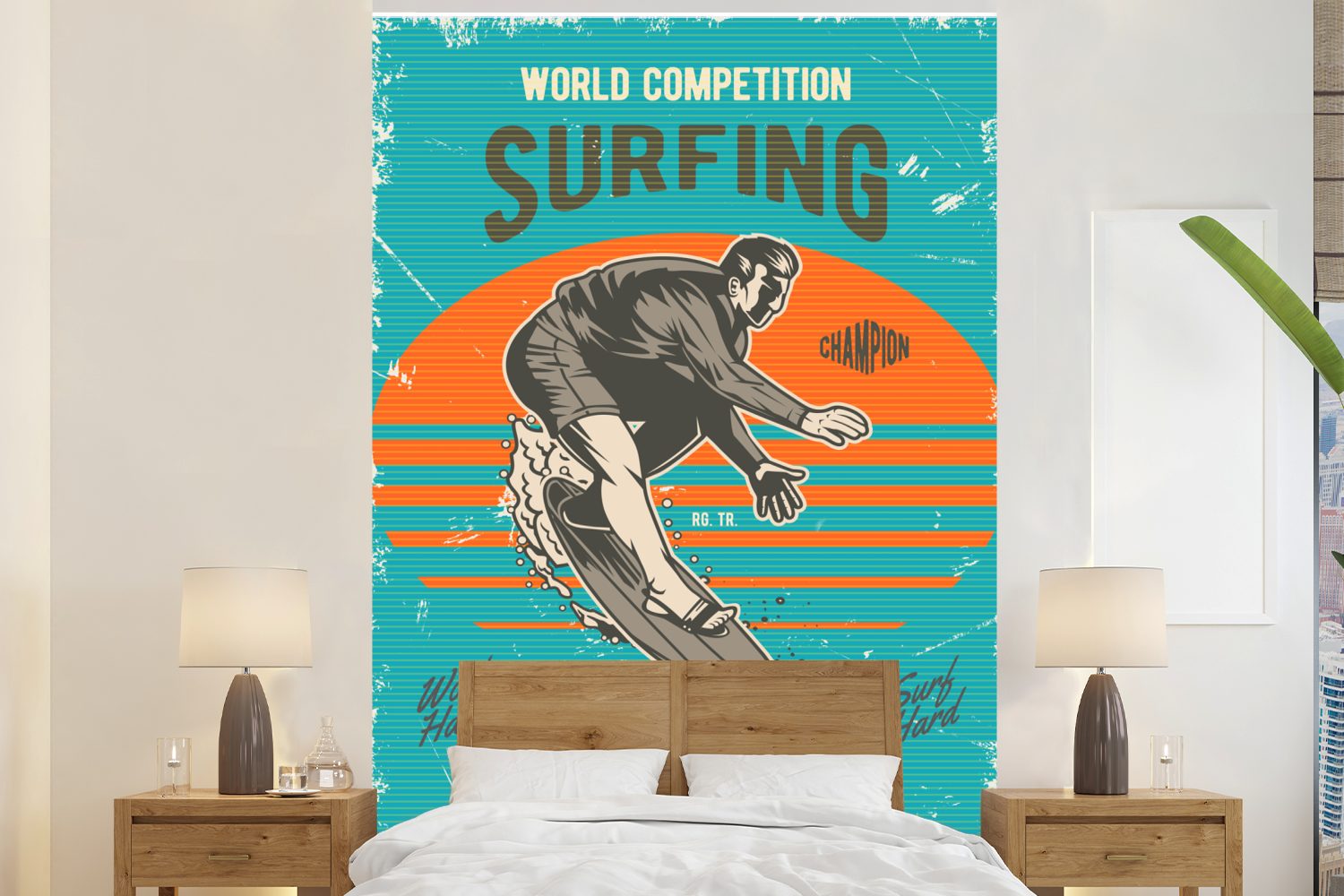 MuchoWow Fototapete Vintage - Surfen - Surfbrett, Matt, bedruckt, (3 St), Montagefertig Vinyl Tapete für Wohnzimmer, Wandtapete