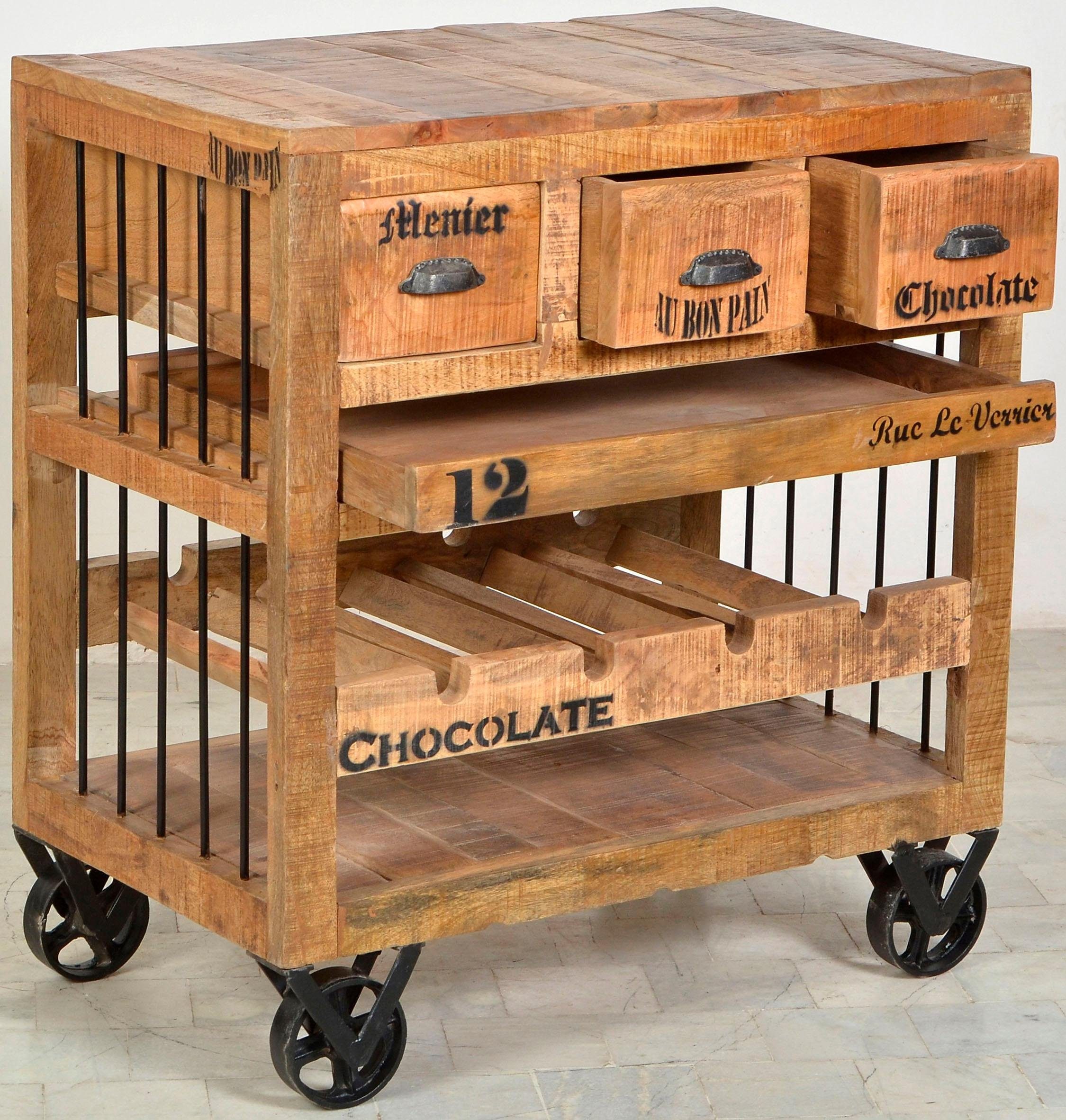 SIT Küchenwagen RUSTIC aus Mangoholz mit Flaschenregal, Mit herausnehmbarem Tablett und integriertem Flaschenfach
