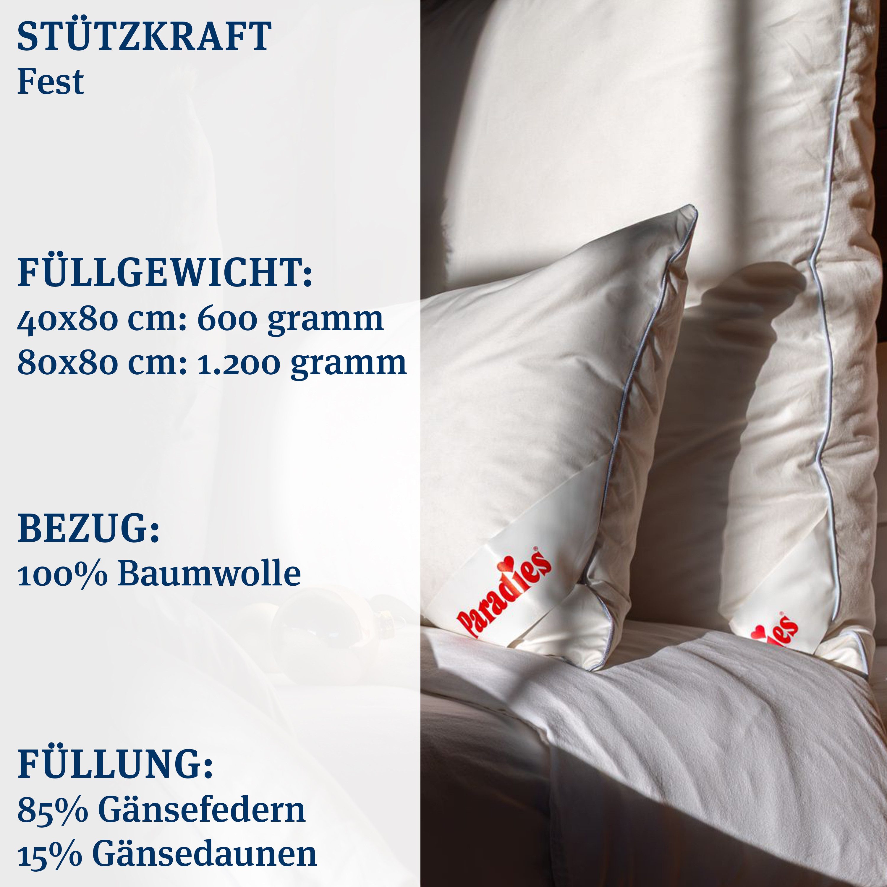 Paradies Federkissen Cleo, Füllung: 85% Federn, 15% Daunen, Bezug: 100% Baumwolle, Seiteschläfer, Rückenschläfer, kuschelige Entlastung von Kopf und Nacken – Bild 3 von 5