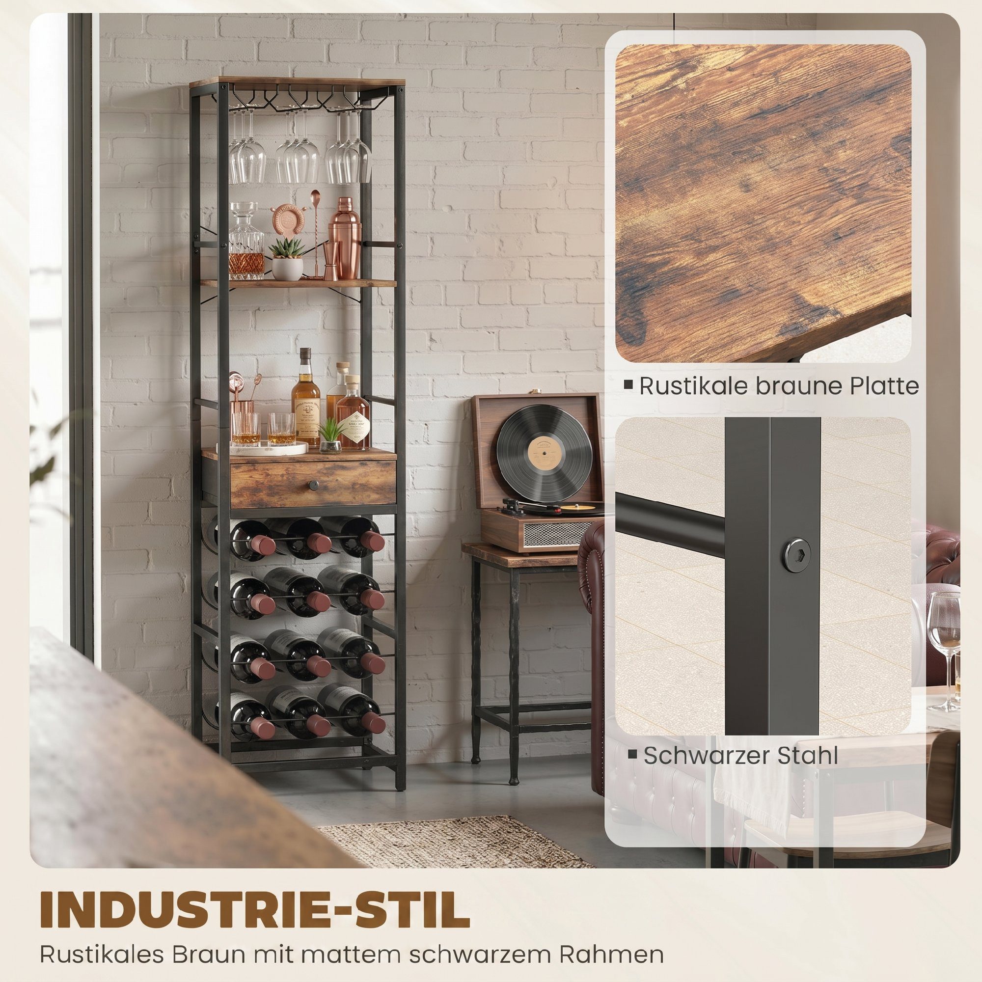 HOMCOM Weinregal Flaschenregal mit Glashalter Stand für Küche Rustikal Braun, Weinhalter 1-tlg., Platz für 12 Flaschen, 9 Gläser, Schublade, Regal, Bar – Bild 5 von 5