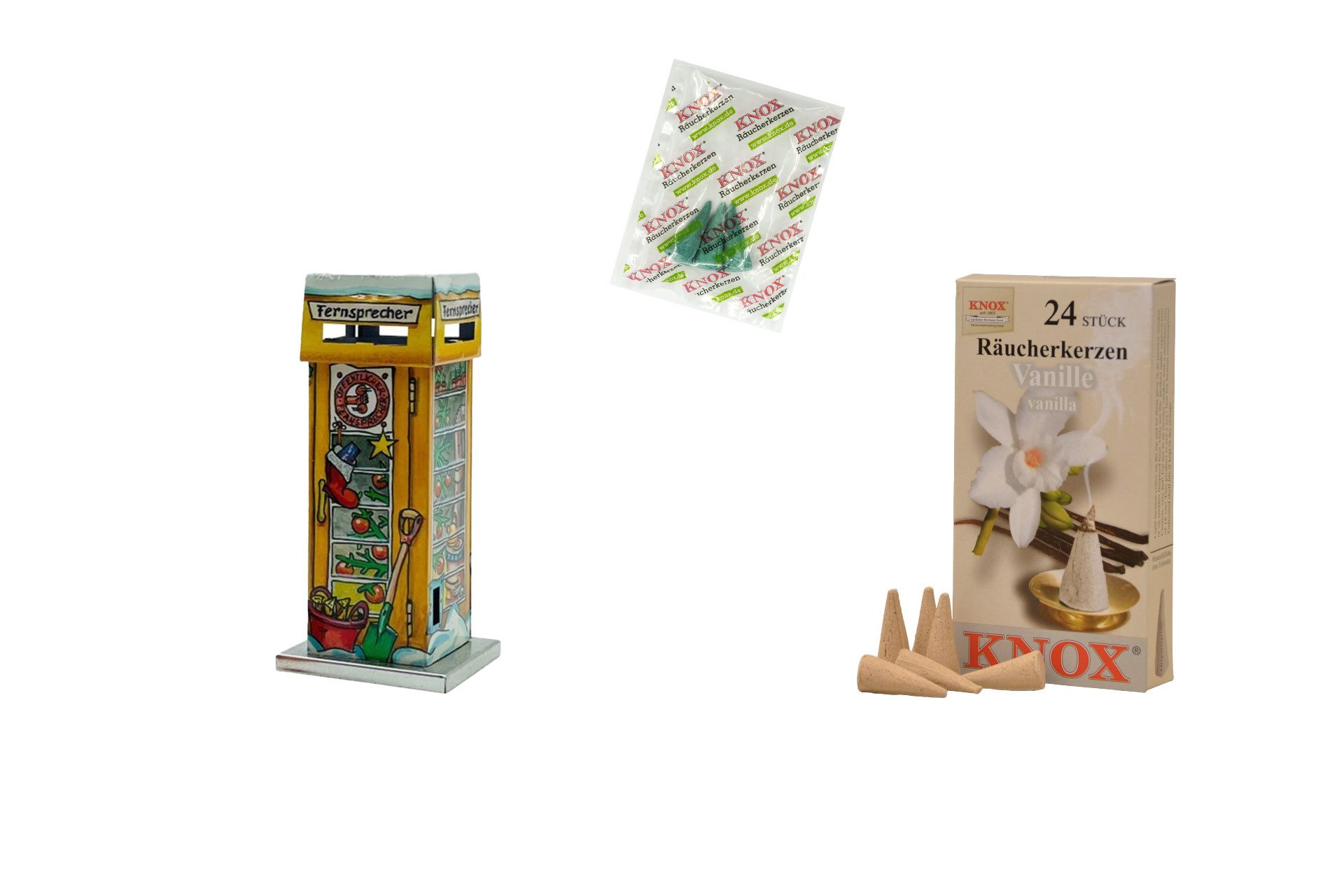 KNOX Räucherhaus Telefonzelle - Gewächshaus - Inklusive 24 Räucherkerzen Vanille, aus Metall - mit Probeduft - Dekoration für winterliche Stimmung