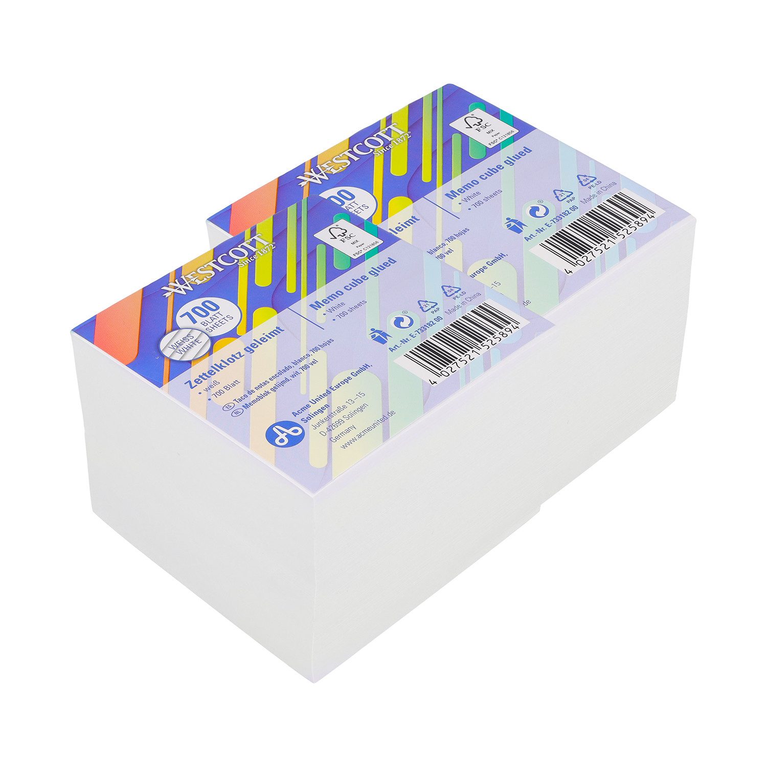 WESTCOTT Notizzettel Notizblock weiß 700 Blatt (2er-Set), Zettelblock geleimt mit 9 x 9 cm, FSC-zertifiziertes Papier 80g/m²
