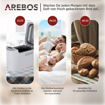 Arebos Brotbackautomat, mit 15 Programmen, 2 Knethaken, Timer, LCD Display, 15 Programme, 850 W, 3 Brotgrößen (1000/1250/1500 g)