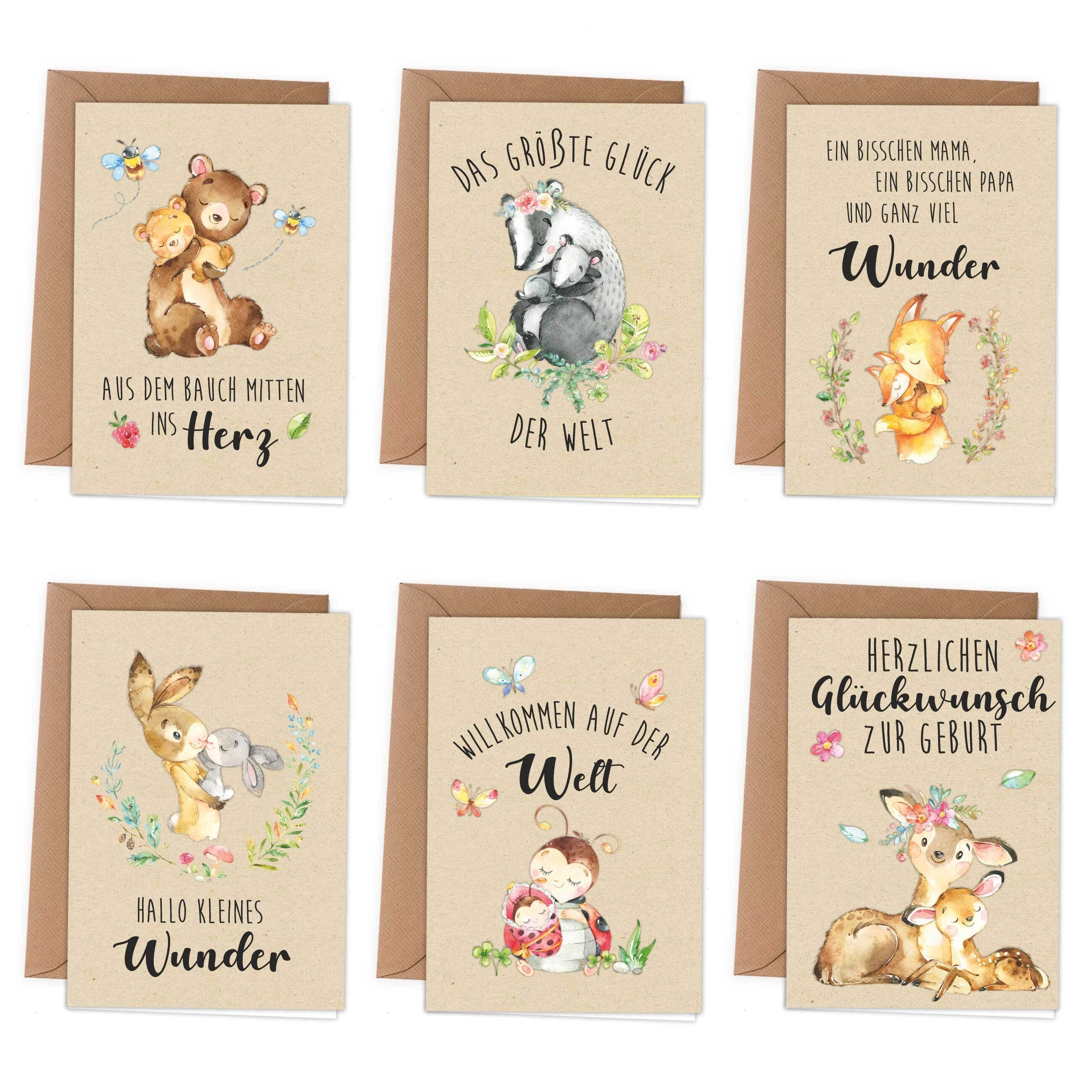 PAPIERDRACHEN Klappkarte 6 Glückwunschkarten zur Geburt - Baby Klappkarten mit Umschlag