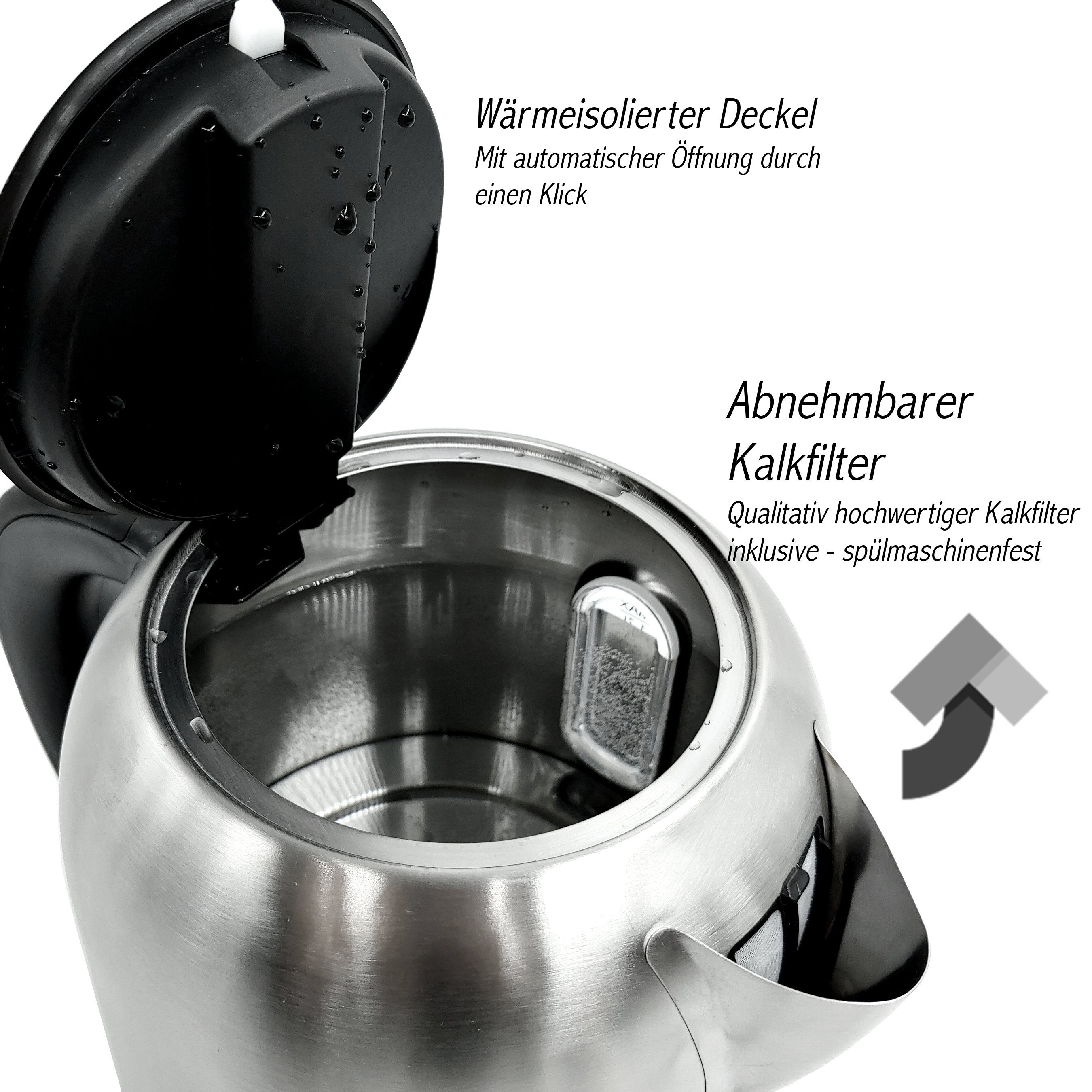 LMG Germany Wasserkocher 1,7 l Glas Edelstahl Wasserkocher 2200W, LED & Temperatureinstellung, 2200 W, Edelstahlgehäuse, Temperatureinstellung, Schnellkochfunktion