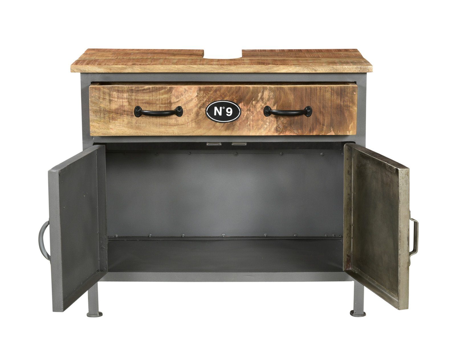 massivum Waschbeckenunterschrank Pinetown, Badschrank grau, Metall-Holz Mix