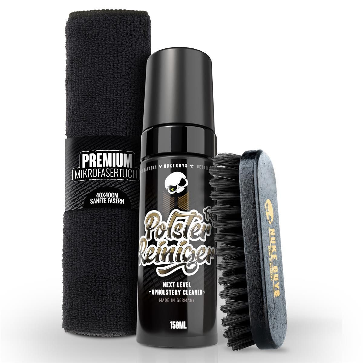 Nuke Guys Polsterschaumreiniger Set Polsterfoam 150ml Polsterreiniger (3-St. + Bürste S + Mikrofasertuch Schwarz)