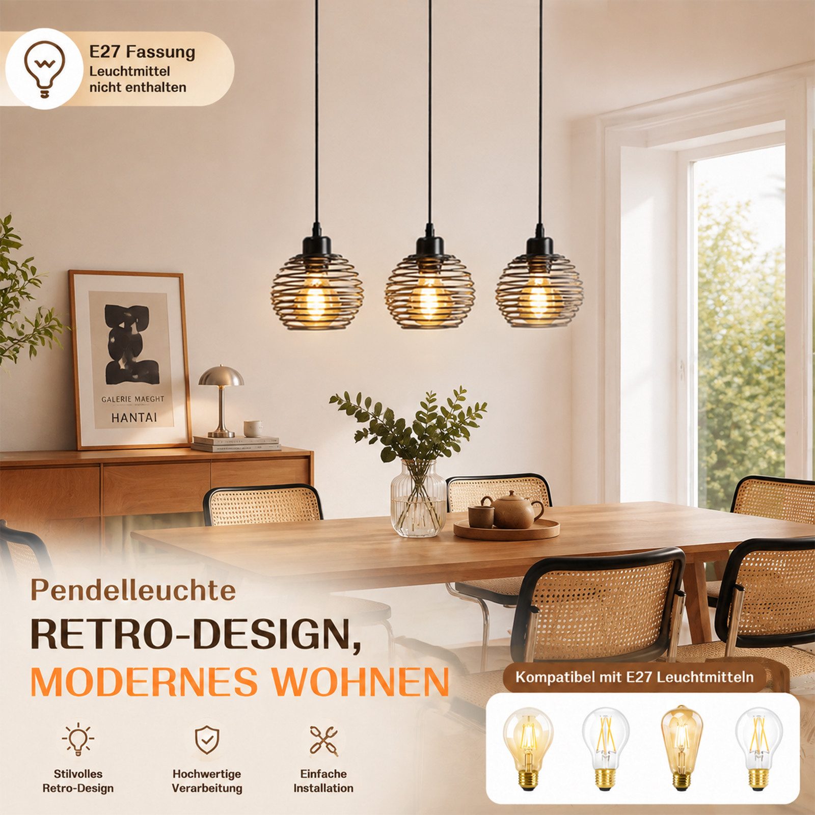 Nettlife Pendelleuchte Schwarz Esstisch Vintage Metall E27 Hängelampe Retro Hängeleuchte, LED wechselbar, für Esstisch Küche Esszimmer Wohnzimmer Arbeitszimmer Büro