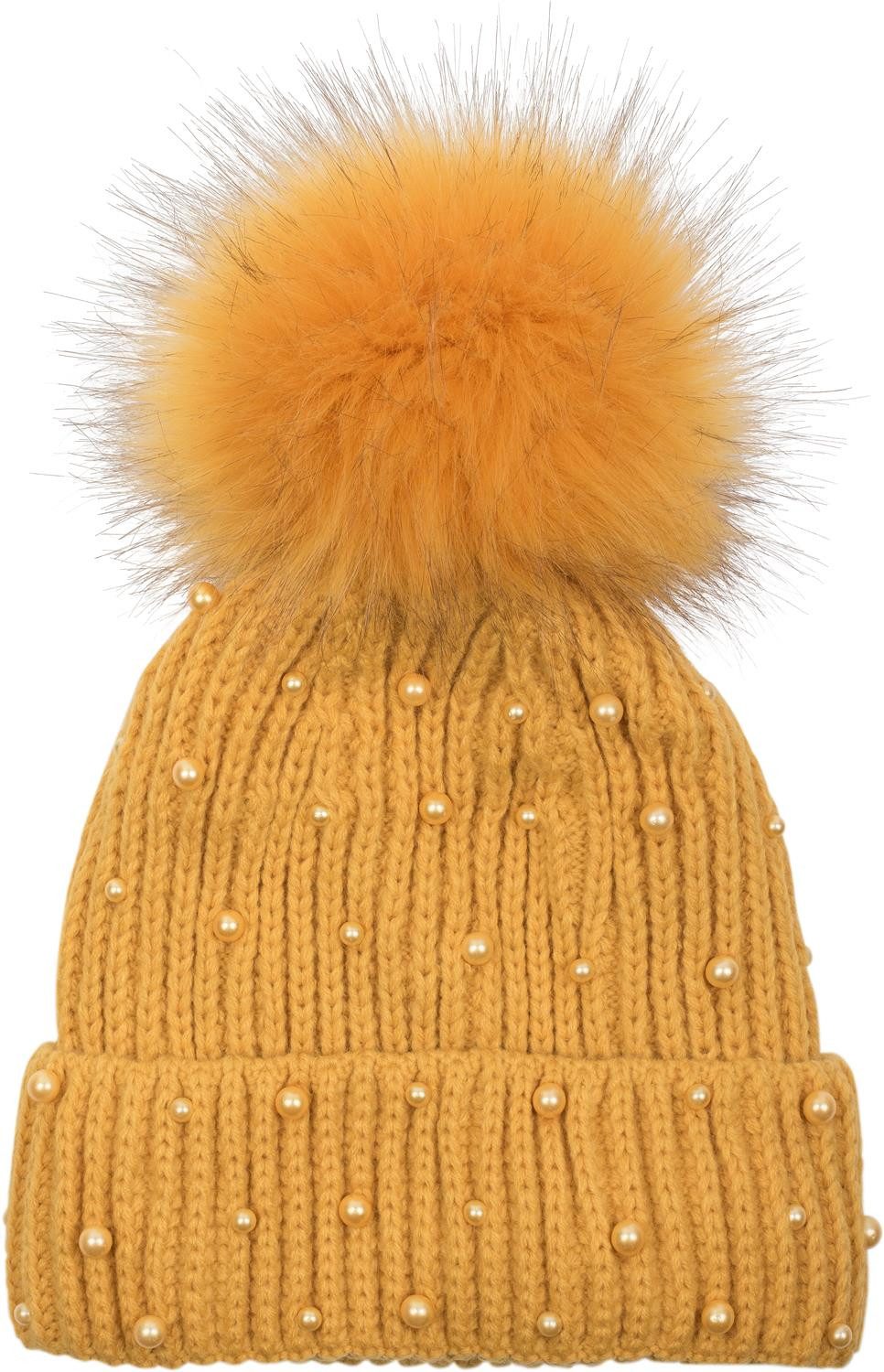 styleBREAKER Bommelmütze Strick Bommelmütze mit Perlen und Fleece Futter (1-St)