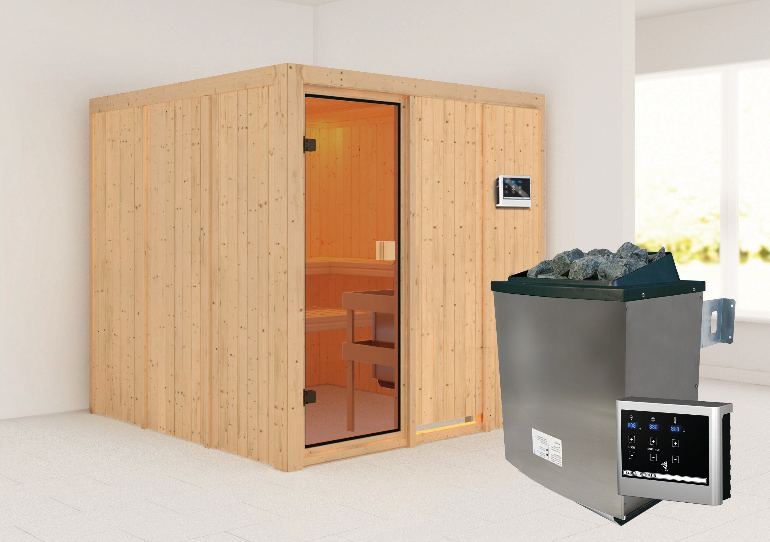 Karibu Sauna "Ouno" mit bronzierter Tür SET naturbelassen mit Ofen 9 kW ext. Strg., BxTxH: 196 x 196 x 198 cm, 68 mm