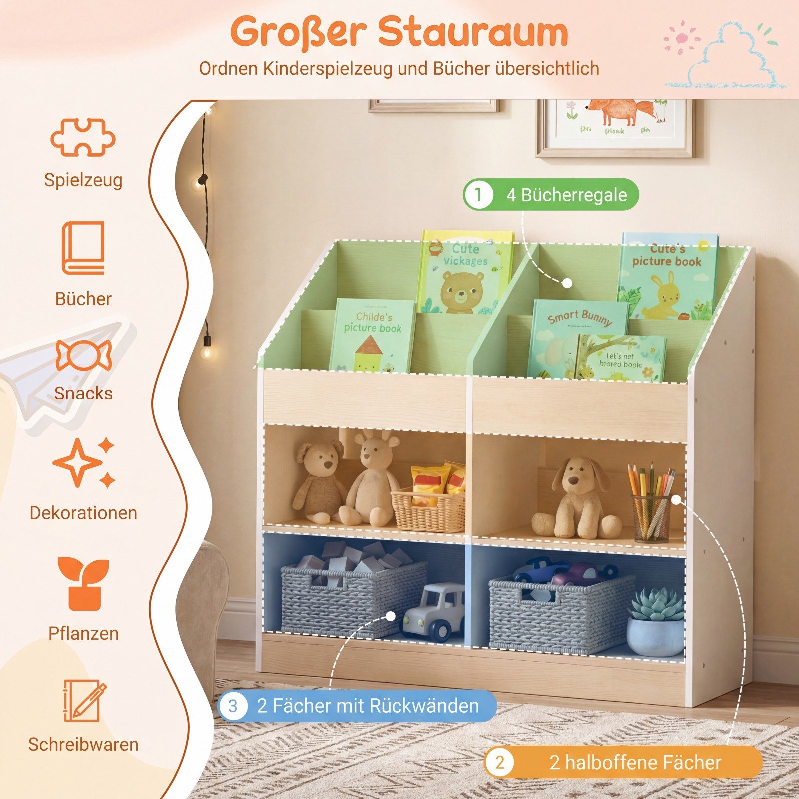 COSTWAY Kinderregal, Mit 4 aufrechten Würfeln & 4 Aufbewahrungsfächern