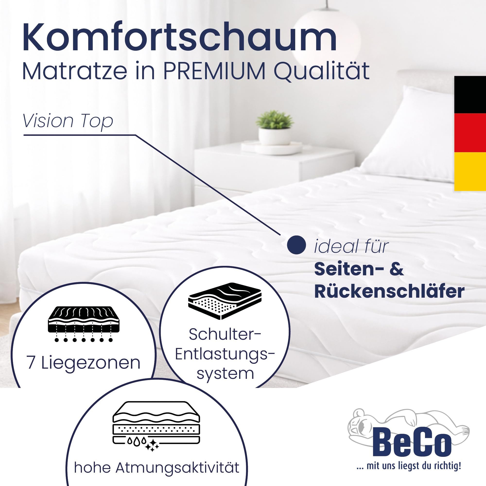 Komfortschaummatratze Vision Top, Beco, 22 cm hoch, Stiftung Warentest “GUT”, optimal für Seiten- & Rückenschläfer