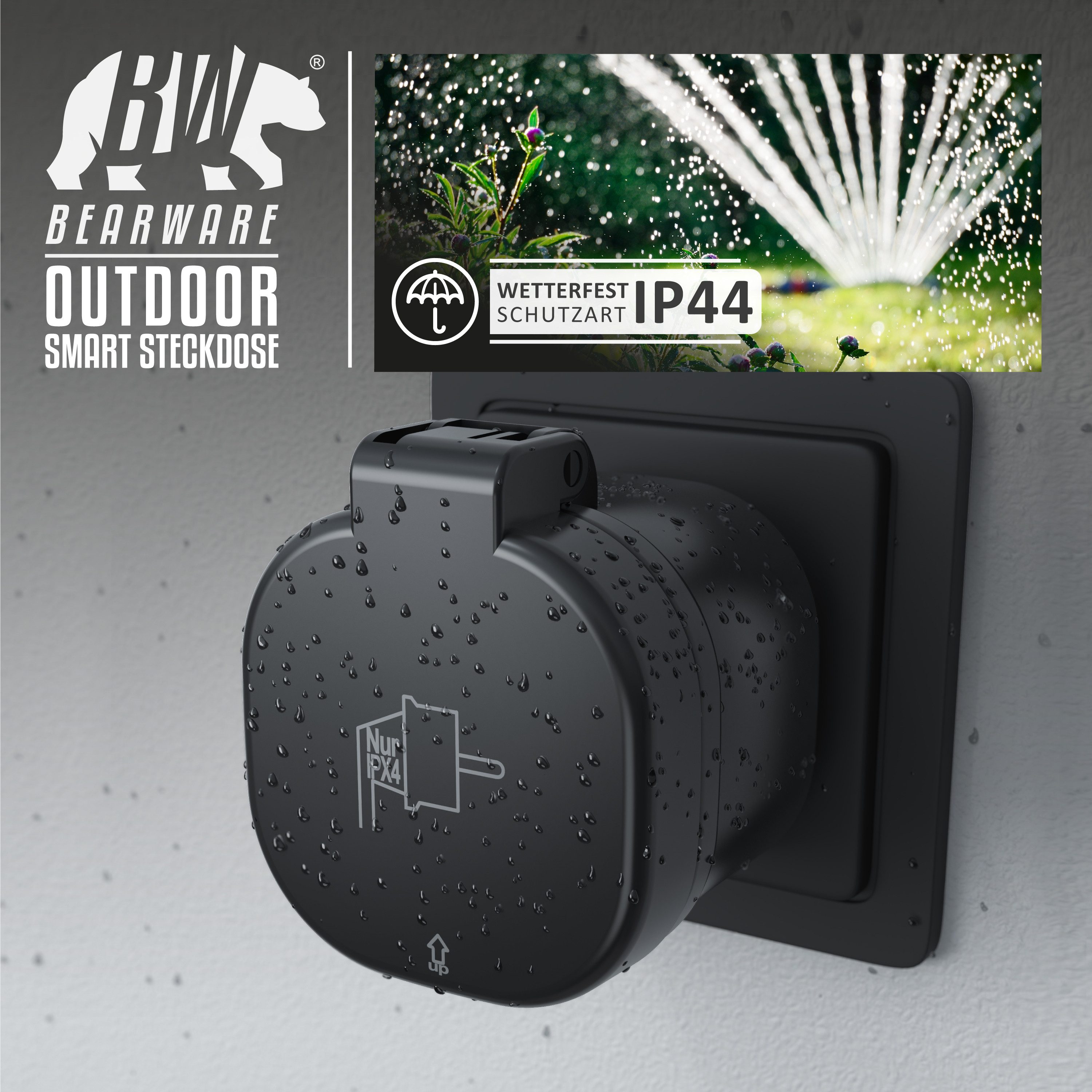 BEARWARE WLAN-Steckdose, max. 3000 W, 4-St., Wifi Outdoor Steckdose 2,4 Ghz, Steuerung per App Smart Life / IP44