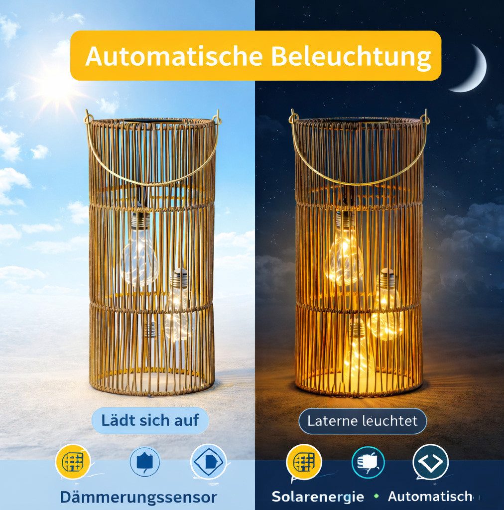 formano LED Laterne Solarlaterne Außen Garten Rattan Look Laterne 3 LED Birnen 45cm Solar, LED fest integriert