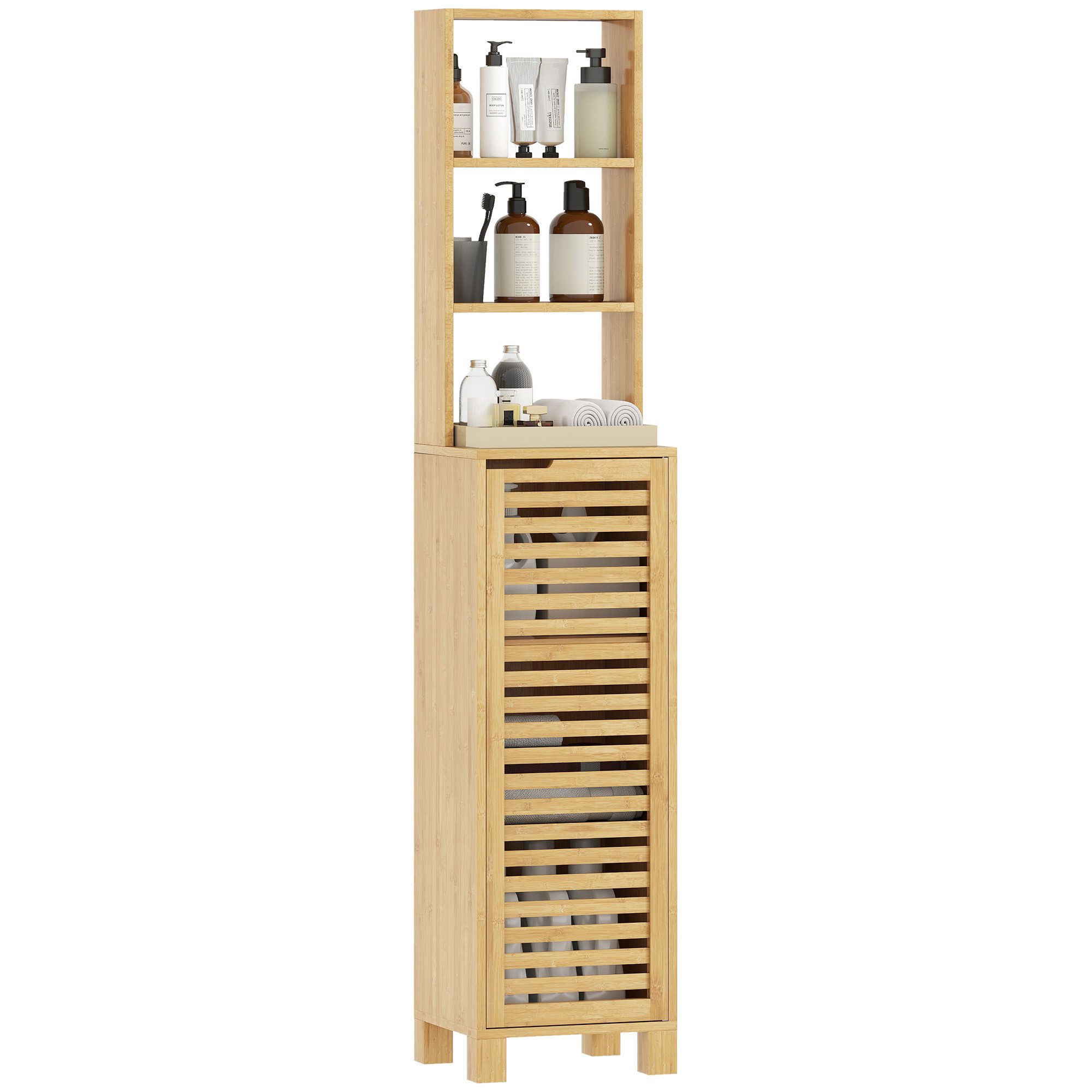 HOMCOM Badkommode mit 3 offenen Regalen, verstellbaren Regalen, Lamellentür (Badezimmerschrank aus Bambus, 1 St., Badschrank), für Badezimmer, Wohnzimmer 34 x 30 x 170 cm, Natur