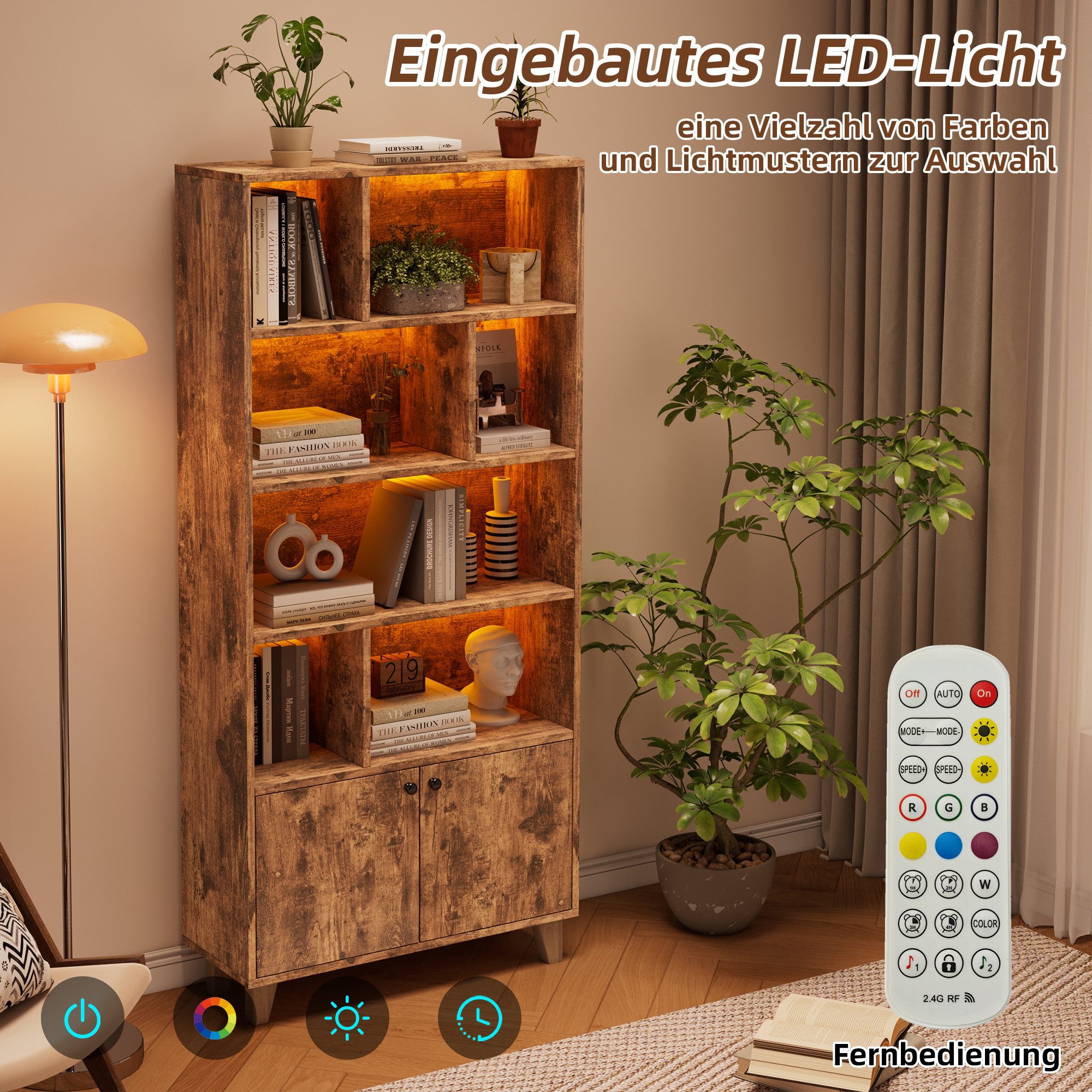 KLAM HOME Bücherregal 80x30x173cm Bücherregal, Beine aus Massivholz, mehrere Ablagefächer, Doppeltüren, LED-Farbwechsel-Ambientelicht, Fernbedienung