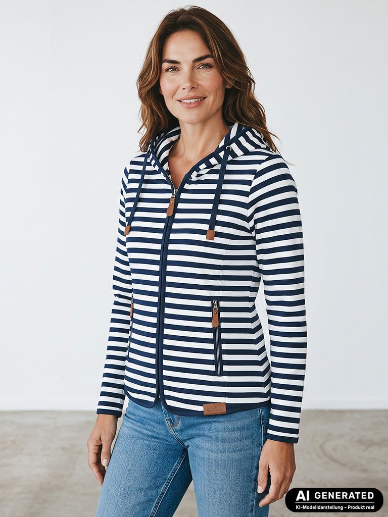 tomBrook Fleecejacke 50699 Kapuzenjacke Fleece Maritim Streifen - Gestreifte Kapuzenjacke Taillierter Schnitt, Frontreißverschluss, Kapuze mit Bändern, Taschen