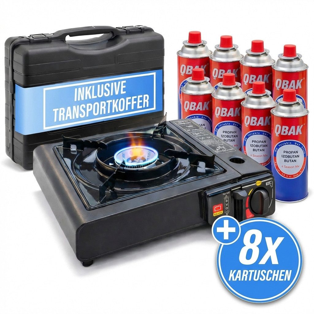 JUNG Gaskocher Campingkocher + 8 Gaskartuschen, (8-St), Notfallkocher survivalkit kocher stromausfall notfall