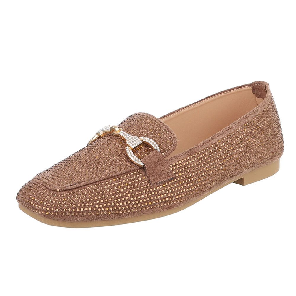 Ital-Design Loafers mit Glitzerdetails für Damen – Eleganter Komfort Slipper (91261568) Blockabsatz Mokassins in Hellbraun