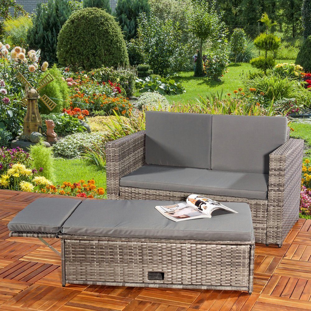 Gartenlounge-Set Gartensofa Lounge Sessel Gartenmöbel aus Polyrattan und klappbare Fußbank in Schwarz, Grau und Braun Gartensofa Sitzgarnitur Hocker XXL Balkon Sitzbank Liege, (Set, 2-tlg), Kissen inkl. Reißverschluss, daher abnehm- und waschbar