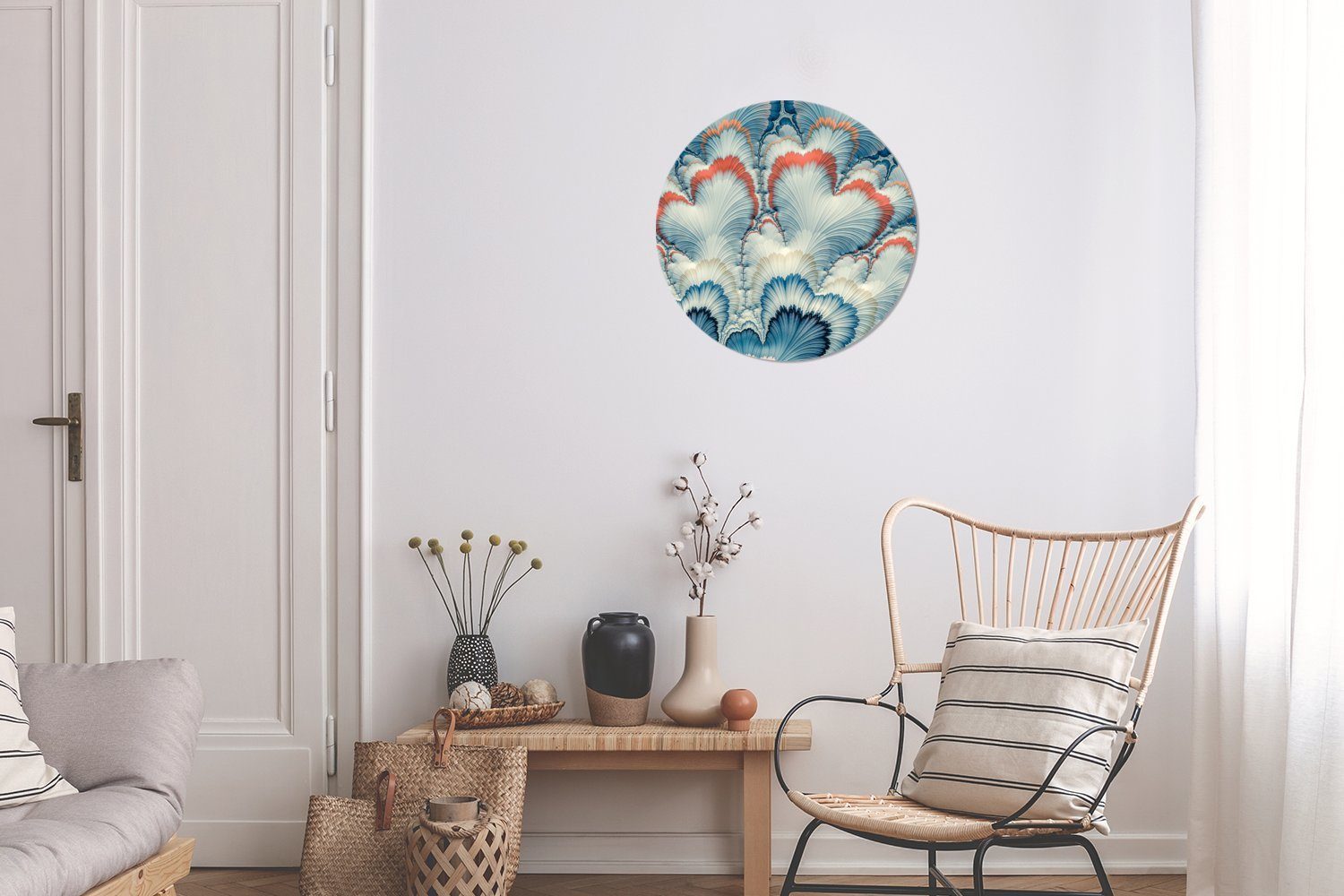 cm Wanddekoration St), (1 weiß-blaues Blumenmuster, Rundes Ein Gemälde 30x30 MuchoWow Forex, Wandbild, Wohnzimmer, Kreis