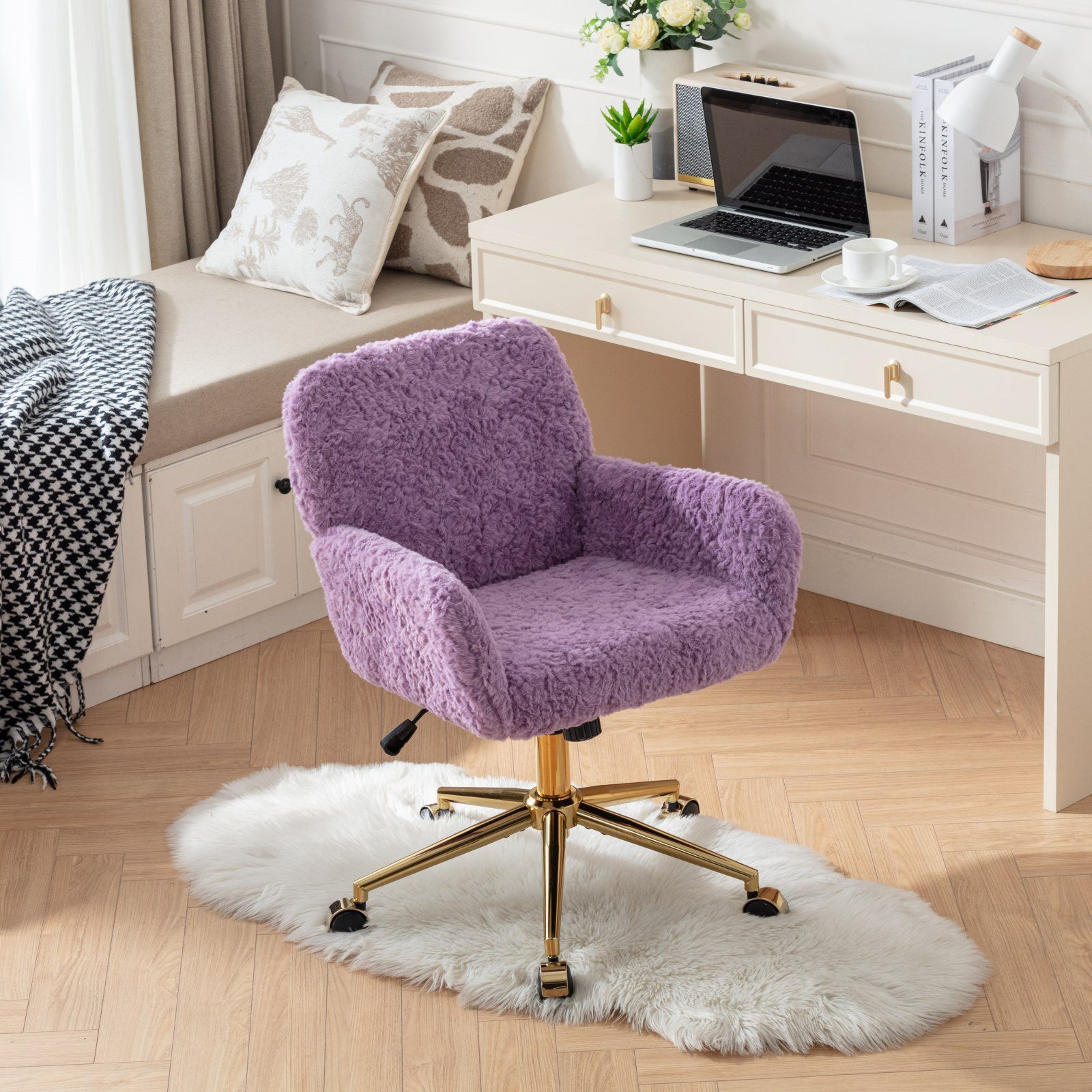 Rolipo Bürostuhl Bürostuhl Bürostuhl höhenverstellbar für Zuhause Drehstuhl 360°drehbar, 360 Grad drehbar, mit Armlehnen und goldfarbenem Metallfuß