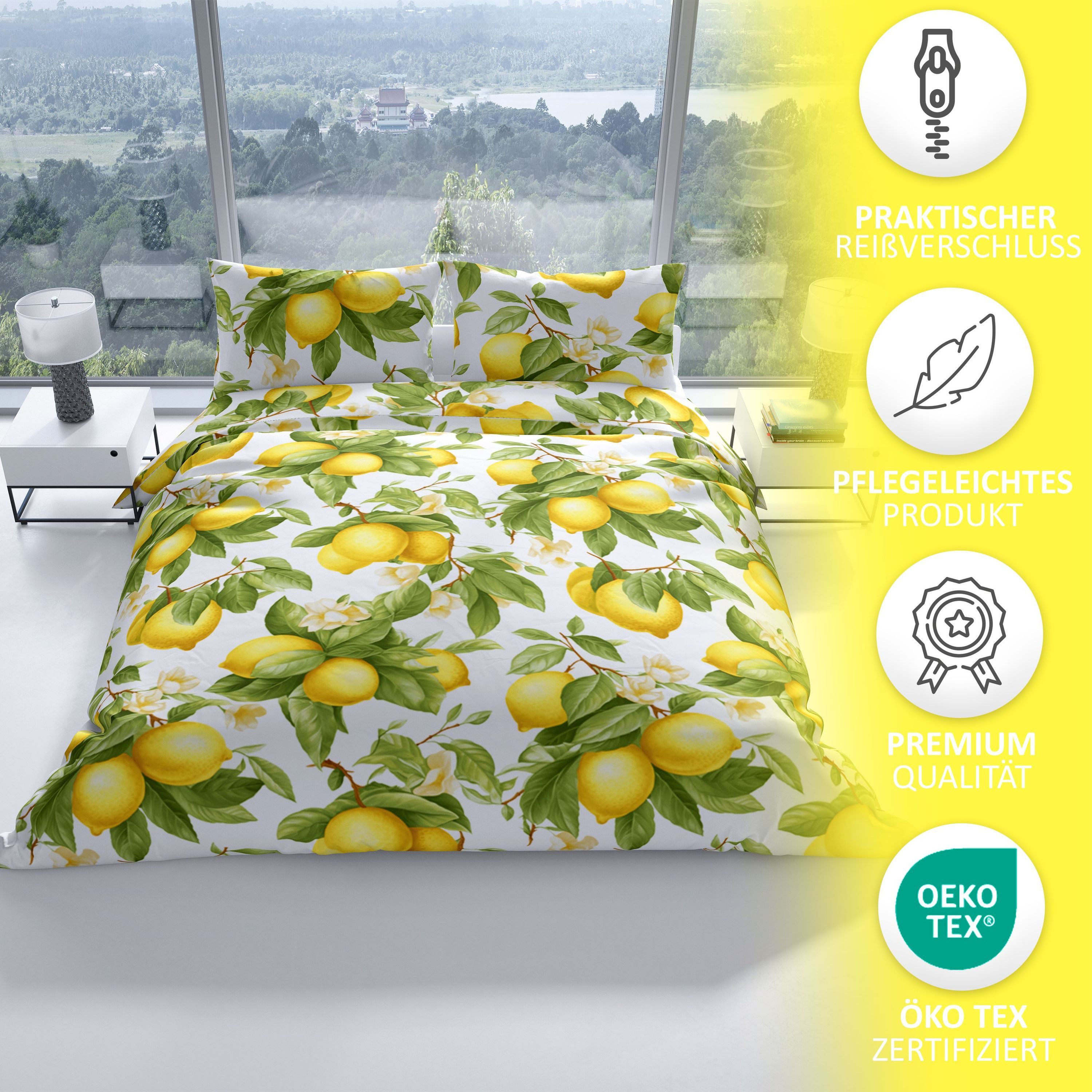 Leonado Vicenti Bettwäsche hochwertig 135x200 cm und 155x220 cm, Renforcé, 2 teilig, mediterranes Zitronen Design in frischen Farben