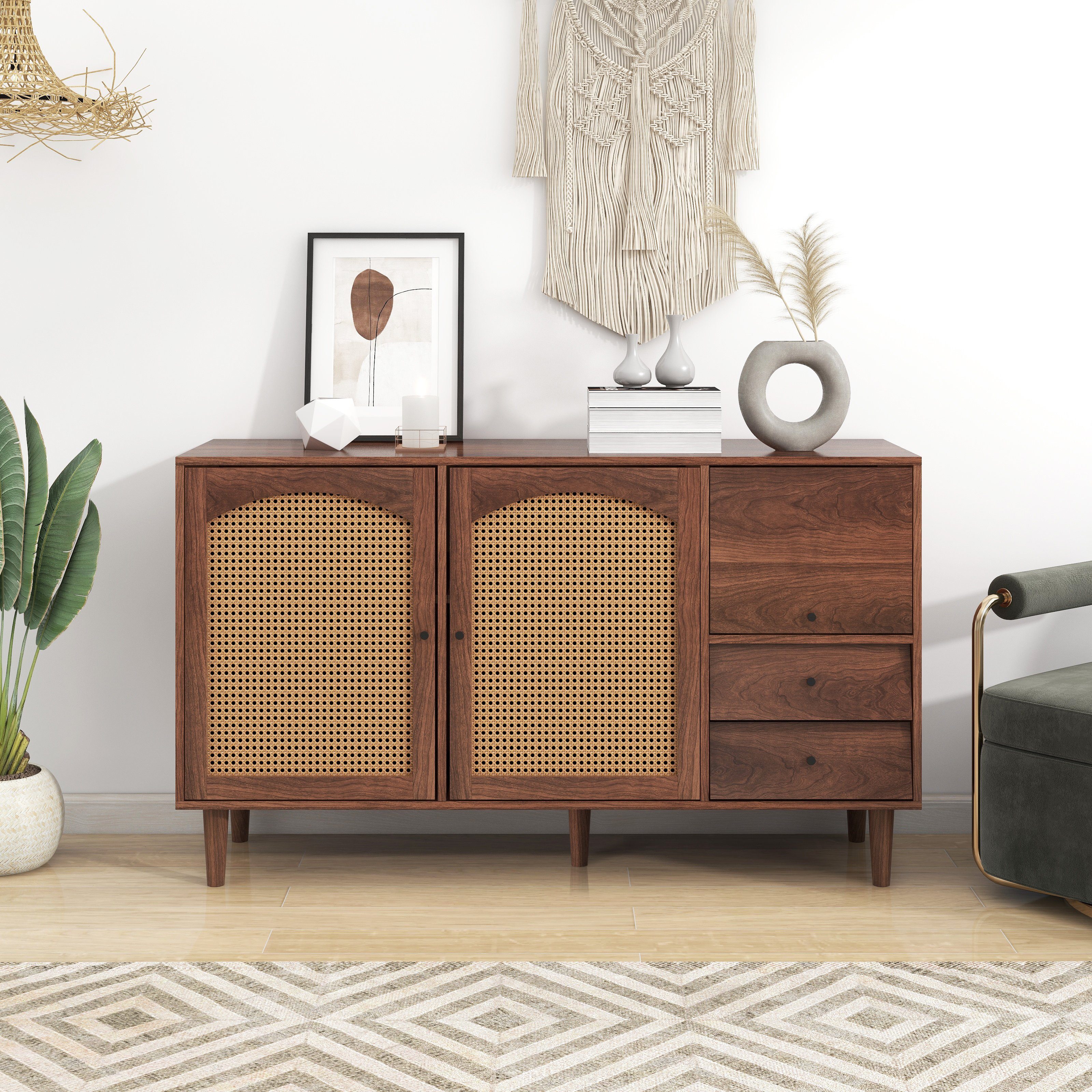 Flieks Sideboard (1 St., mit 3 Türen und 2 Schubladen), Kommode aus Holz und Rattan, Landhaus Stil, Anrichte, 130*40*75cm