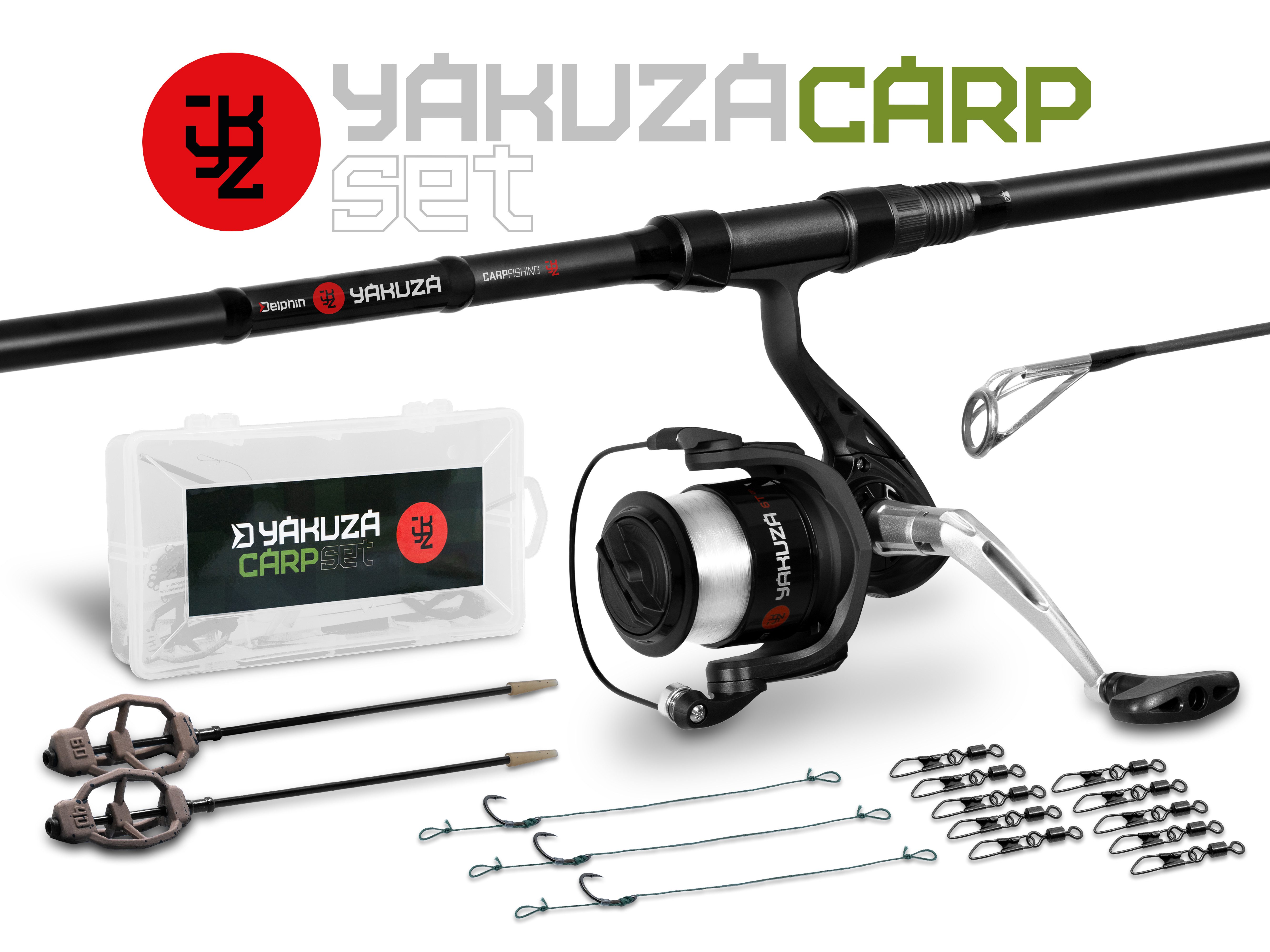 Delphin.sk Karpfenrute Karpfen Feeder Set YAKUZA - Rute 360cm + Rolle + viel Zubehör, (19-tlg), 19 teilies Angelset für Karpfen