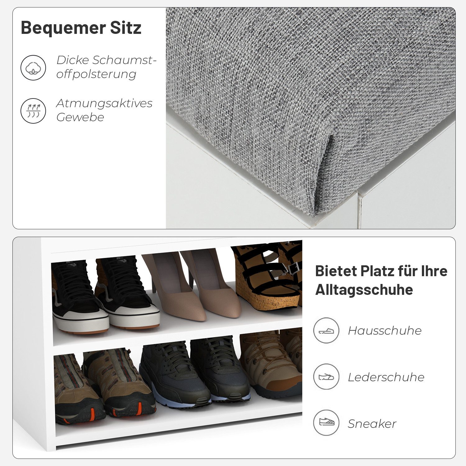 oyajia Schuhbank Schuhregal mit gepolstertem Kissen, Schuhorganizer mit 2 Ebenen (vielseitig nutzbar, Mit 2 offenen Fächern, 1 Stauraumfach und 1 gepolsterten Sitzauflage, B 80 x H 44 x T 30 cm), mit Klappdeckel, für 8 Paare, kratzfeste Oberfläche, bis 150 kg