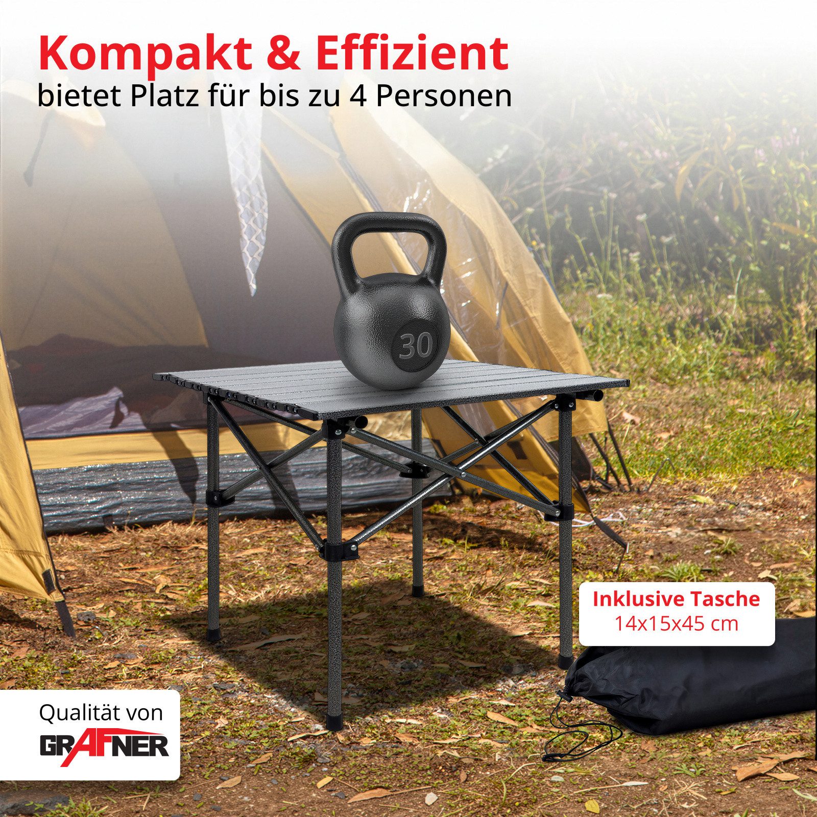 Grafner Campingtisch Rolltisch klappbar 53,5x50x50cm inkl. Transporttasche schwarz (2-St), bis zu 30 kg belastbar, aus Carbon-Stahl