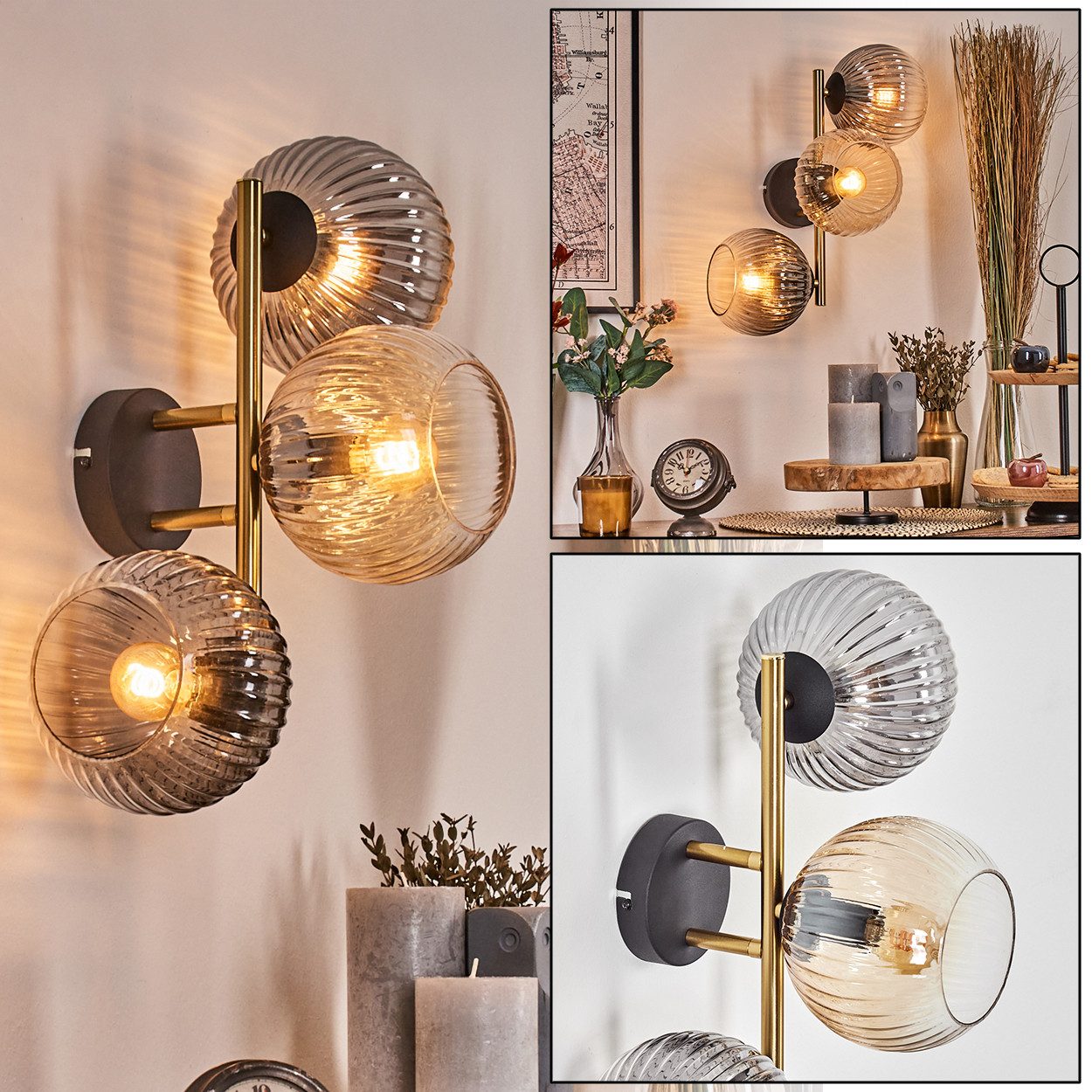 Wandleuchte Wandlampe aus Metall/Riffelglas in Schwarz/Gold/Bernstein/Rauch/Klar