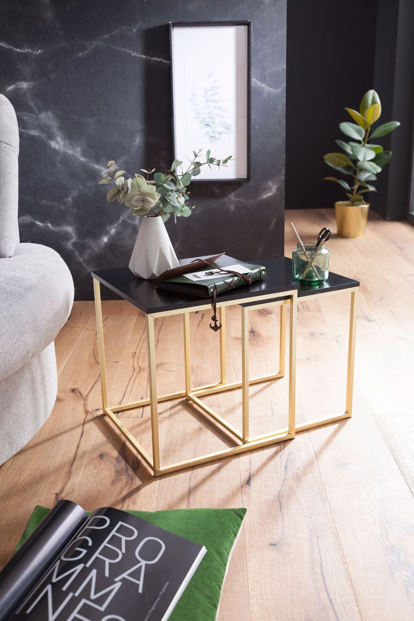 Wohnling Satztisch WL5.787 Beistelltisch Couchtisch Set Metalltisch Ablagetisch modern (Schwarz / Gold, Beistelltisch MDF / Metall), Couchtisch Set aus zwei Tischen, Wohnzimmertisch