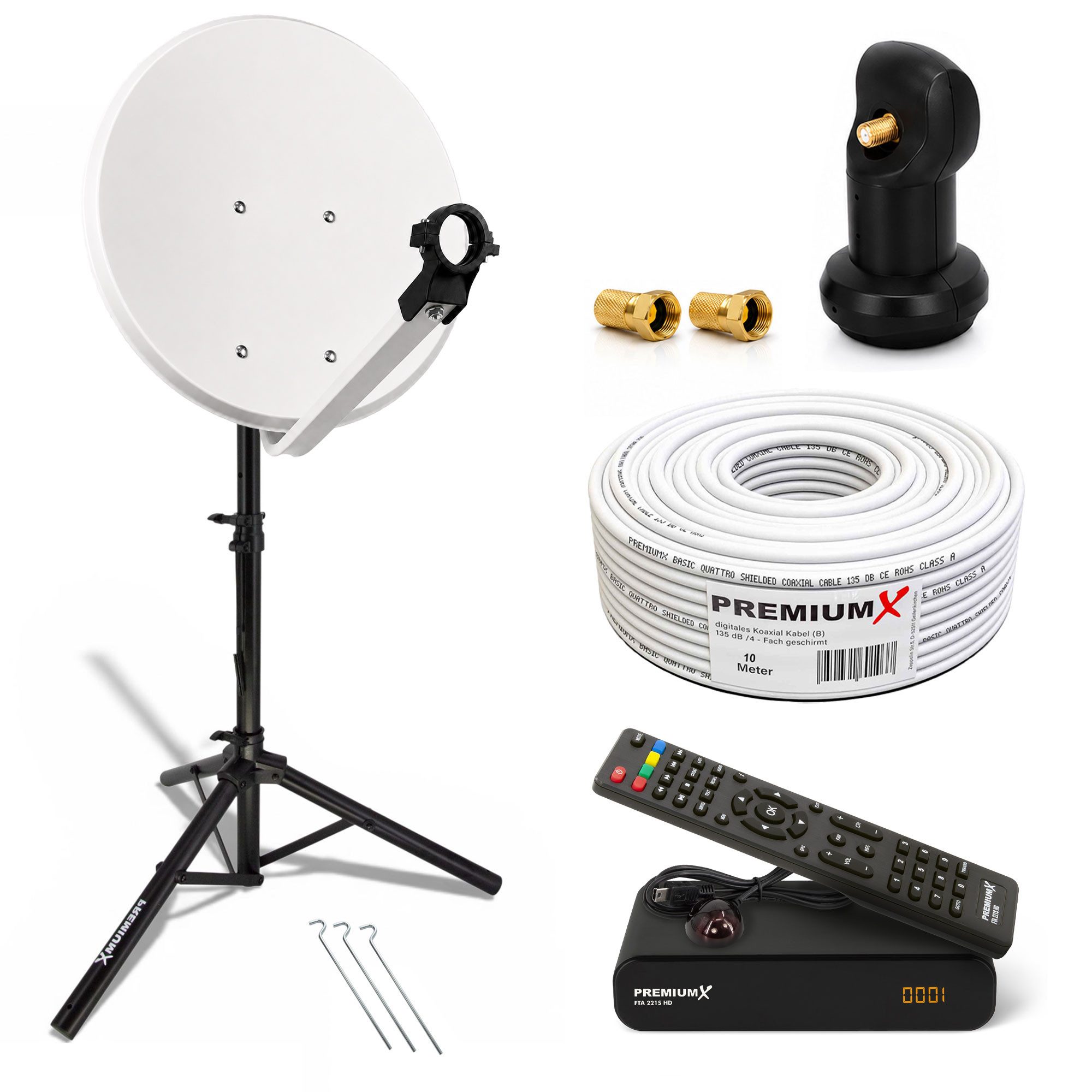 PremiumX Camping Komplett Sat Anlage 45cm Single LNB 10m Kabel Stativ Receiver SAT-Antenne