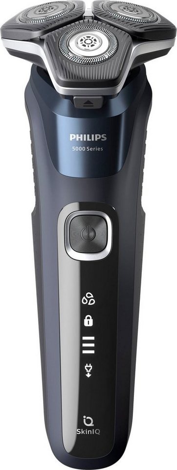 SkinIQ eine Bart Ihrem S5885/35, Elektrorasierer die Shaver Präzisionstrimmer, Series mühelose Rasur Technologie, Philips mit sich für SkinIQ 5000 Etui, ausklappbarer Ladestand, Technologie, anpasst