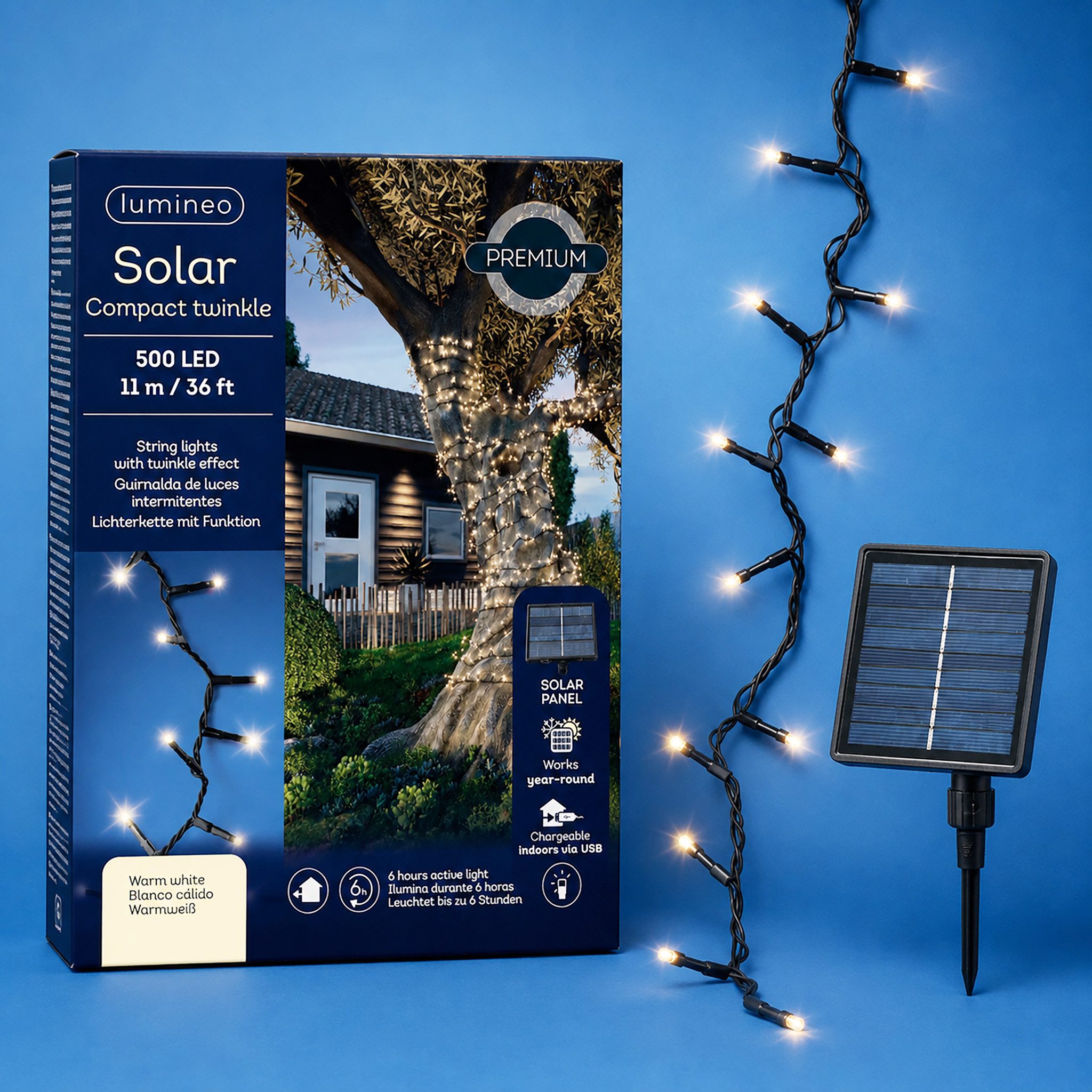 Lumineo LED-Lichterkette, Solar LED Lichterkette 11m USB aufladbar 500 LEDs Schwarz / Warmweiß