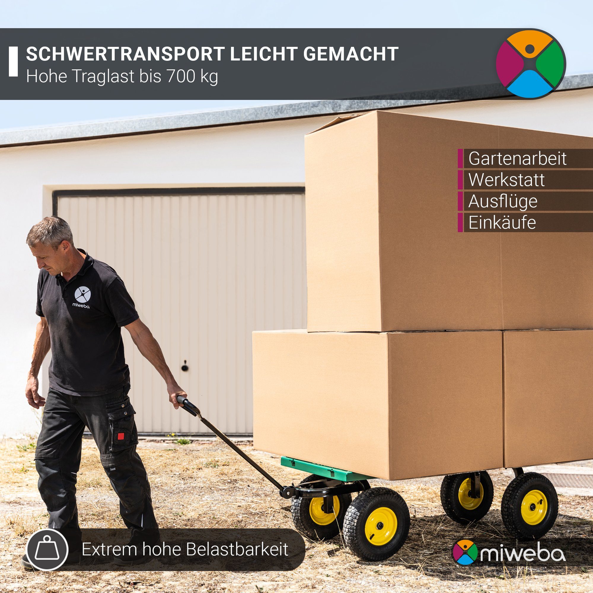 kompakter - Kippfunktion Schwarz Kg/220 Gartenwagen 2-tlg., Plane Bollerwagen Gerätewagen Liter Anhängerfunktion, MB-700 Handkarren Faltwagen Klappbare - - 700 Handwagen miweba Wände herausnehmbar), - Transportkarre (bis - -