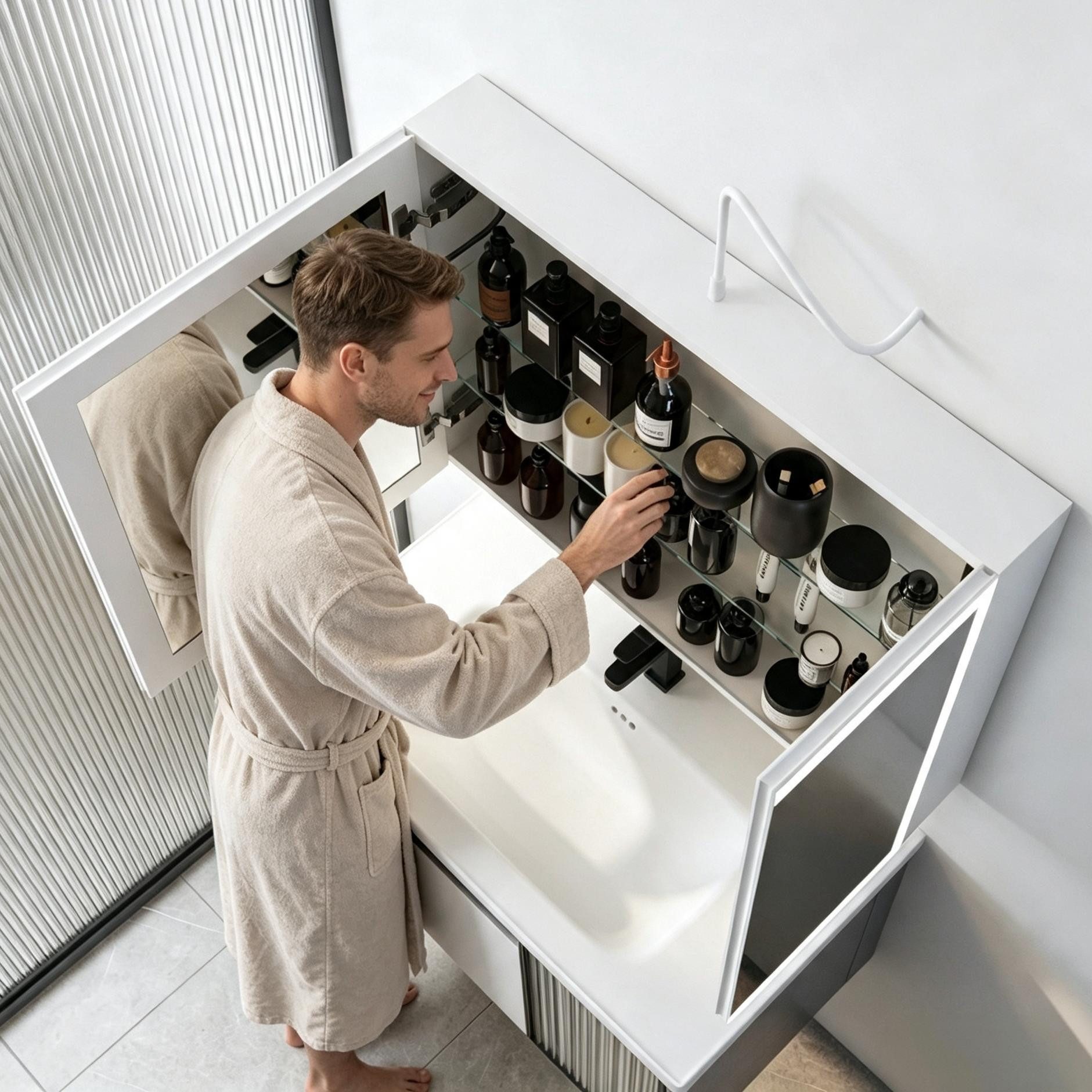 WDWRITTI Spiegelschrank Aluminum Weiß Badezimmerspiegelschrank mit LED 3Lichtmodi 2-türig (Wandschrank Hängeschrank Weiss, Helligkeit dimmbar, Anti-fog, Speicherfunktion) 2 Installationsmethoden, mit Netzadapter