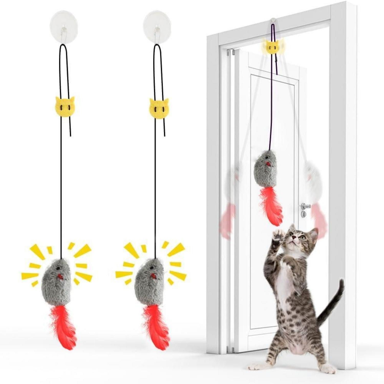 FYNIGO Plüschmäuse Selbstspielendes Katzenspielzeug 2er Pack Türrahmen Maus mit