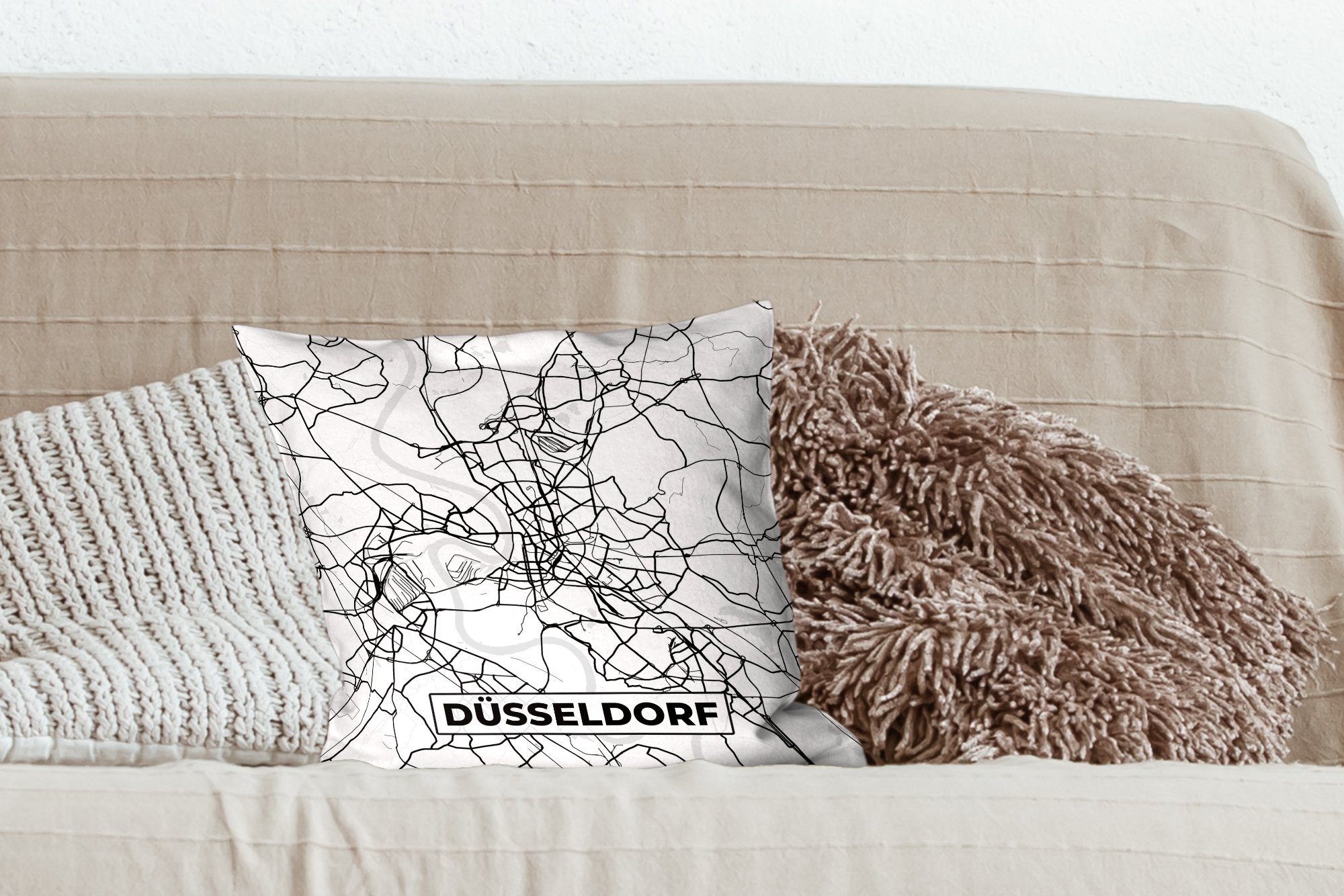Wohzimmer, Karte Zierkissen - - mit MuchoWow Füllung Düsseldorf Deko, für Dekokissen Schlafzimmer, Stadtplan, Sofakissen