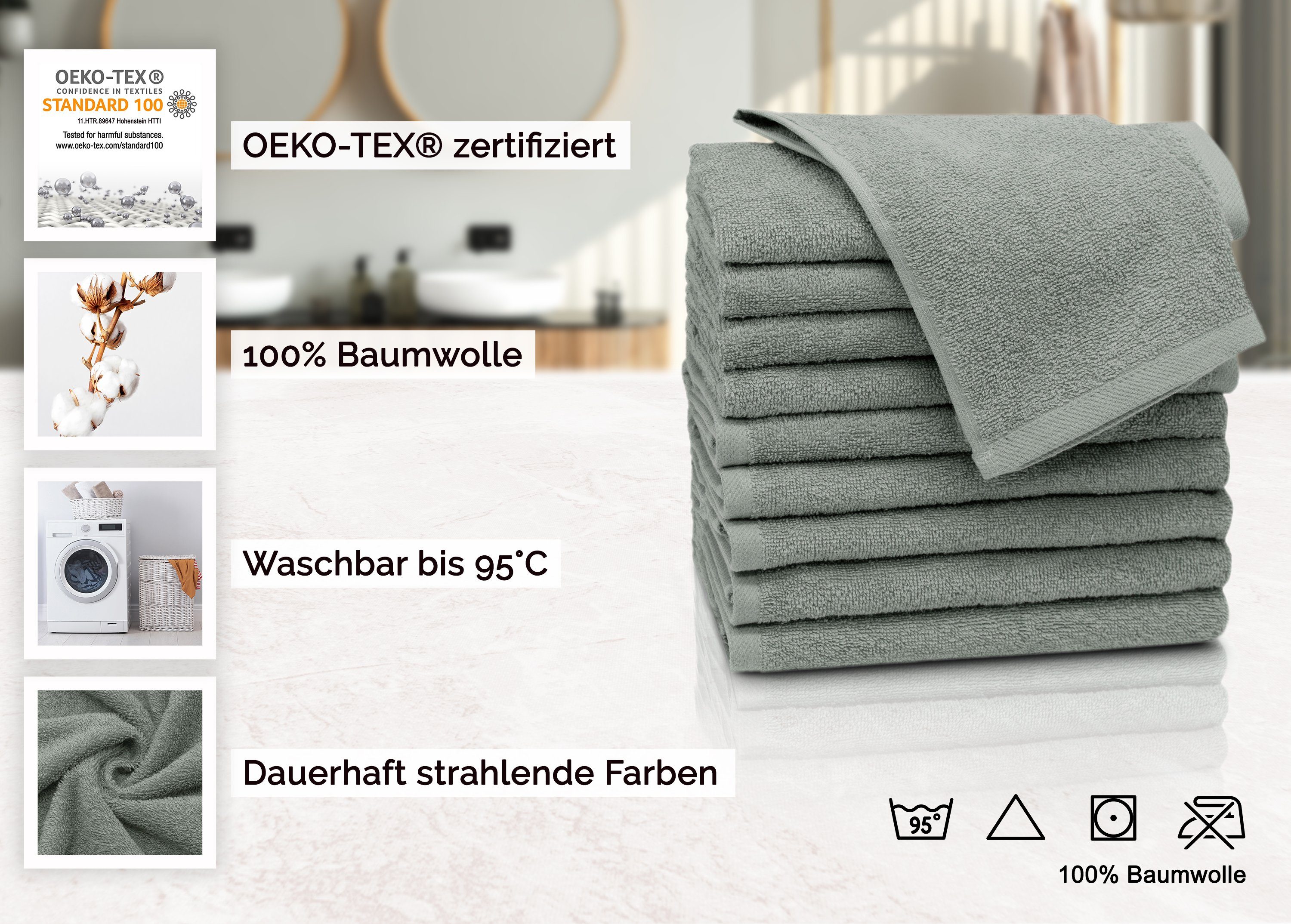 Walkfrottier Farben (10-St), platingrau 30 bis alle 100% waschbar 50 Baumwolle, Gästehandtücher, x cm, ZOLLNER 95°C