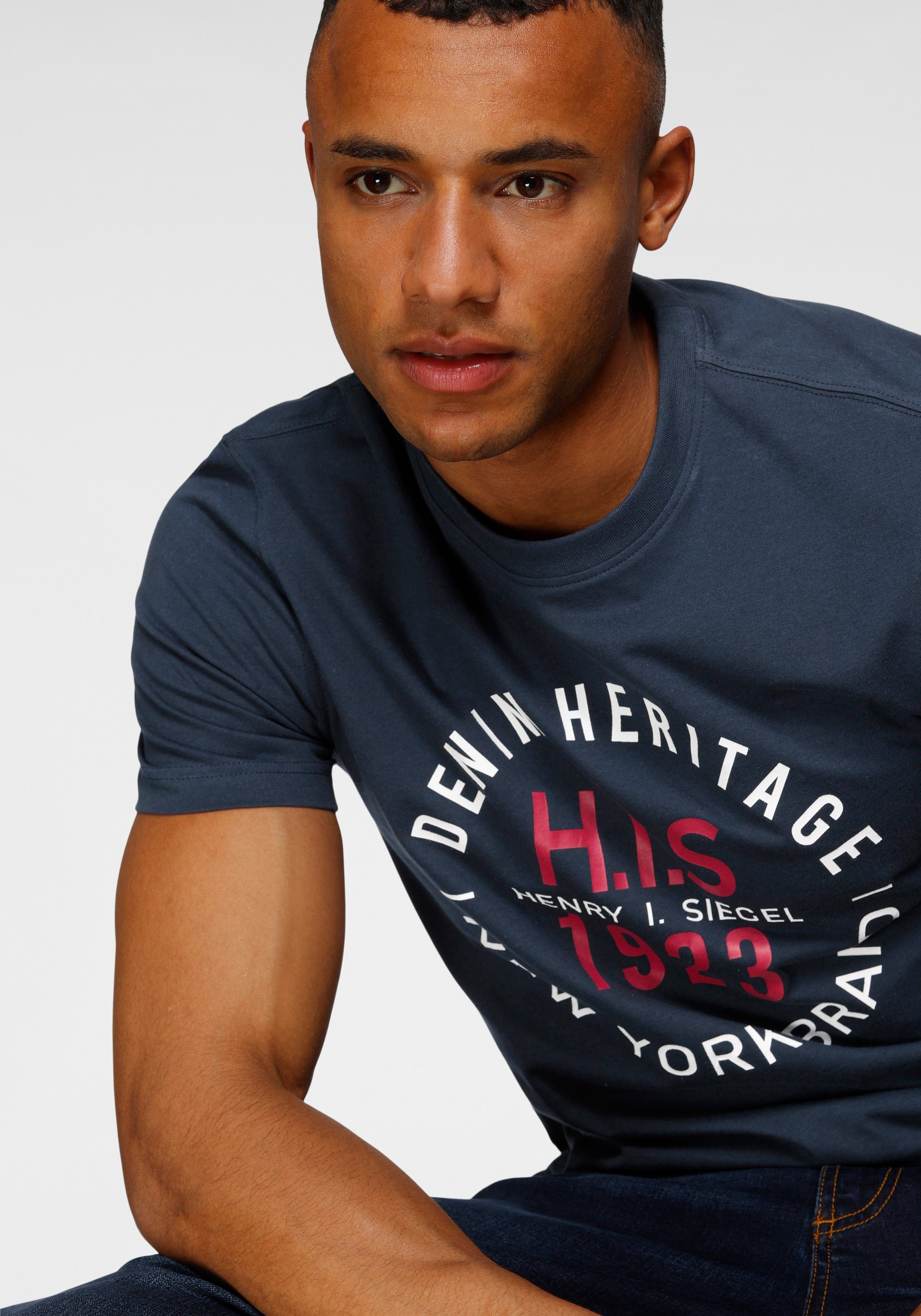 H.I.S Rundhalsshirt Kurzarm, schmale Passform, mit Print, Rundhals, aus Baumwolle