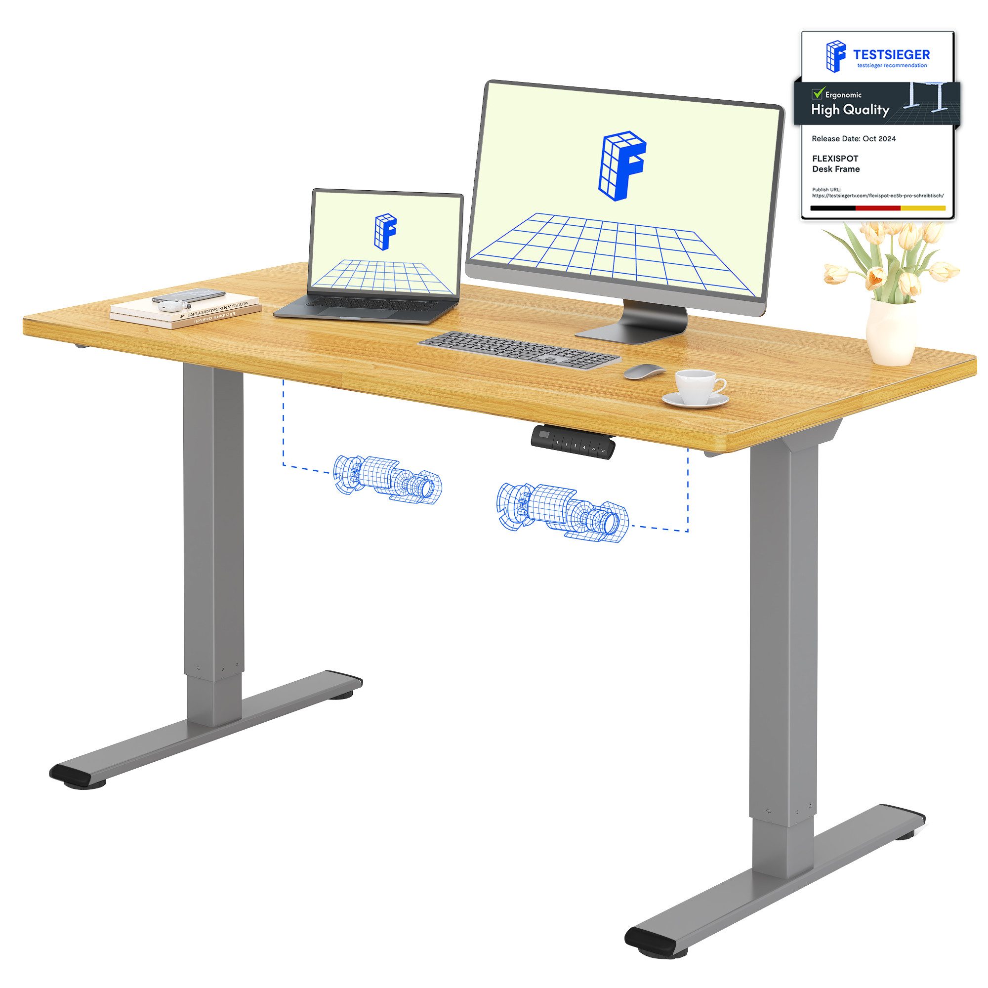FLEXISPOT Schreibtisch Basic Plus Elektrisch höhenverstellbarer Schreibtisch (2 Motore & 2-Fach-Teleskop & 4 Höhenspeichertasten), MIT 25MM einteiliger Tischplatte, 120/140/160
