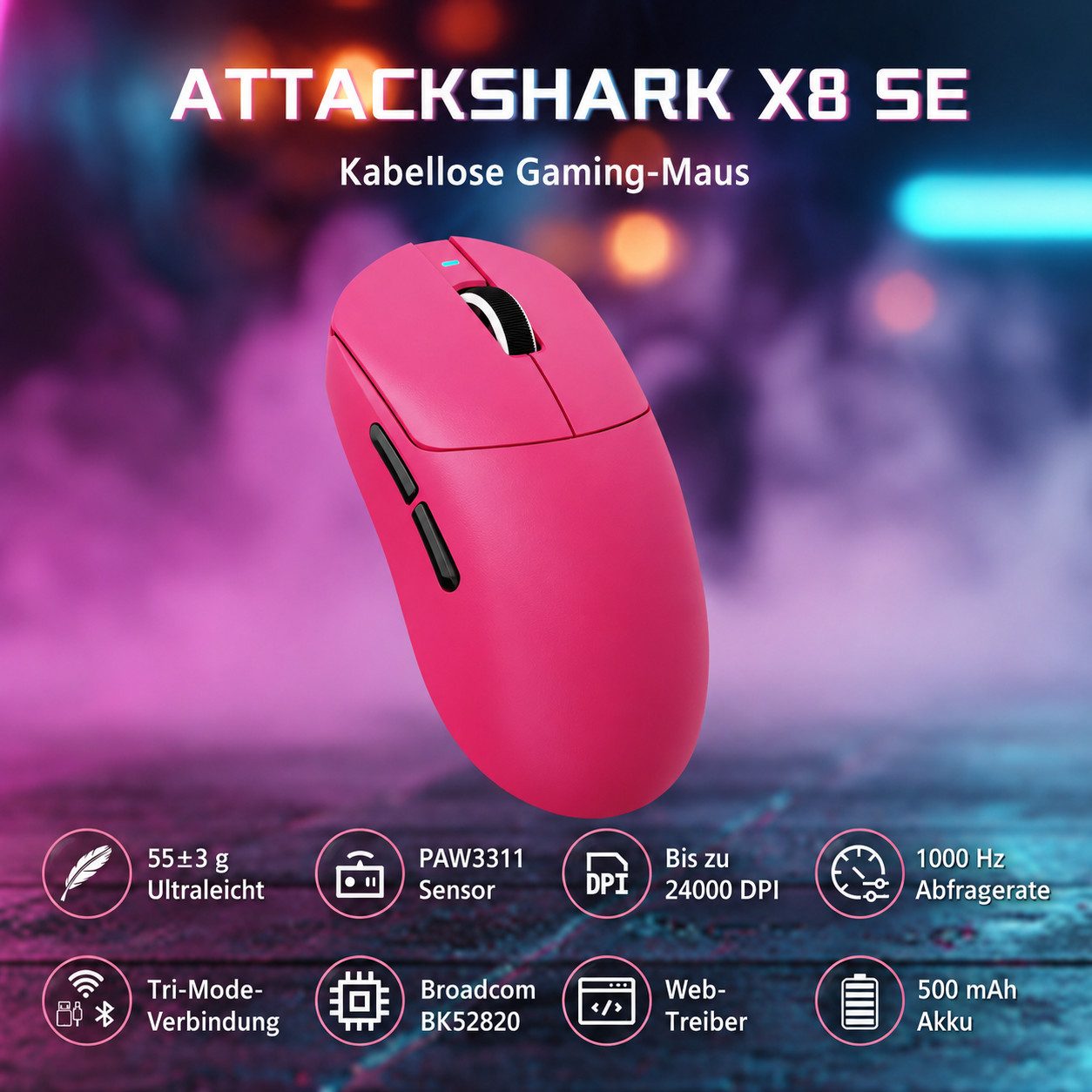 ATTACK SHARK X8SE Kabellose Maus,55 g ultraleicht,ür große Hände,80 Mio. Klicks Gaming-Maus (2.4Ghz, Bluetooth, USB-C, 25.000 DPI.Ultra-Light)