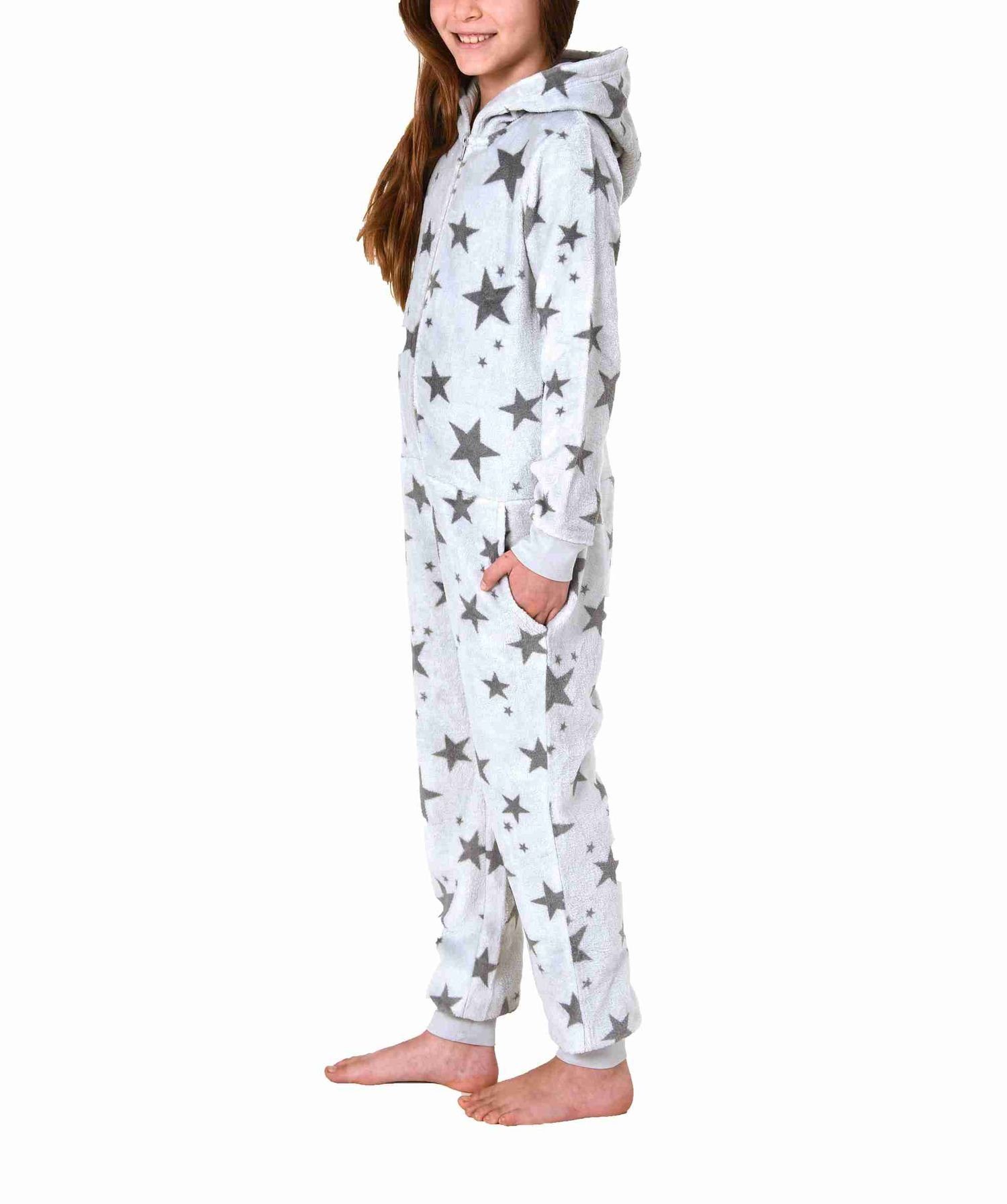 Normann Pyjama Damen Jumpsuit Overall mit Kapuze im Sternen Look aus  Coralfleece - 202 267 961