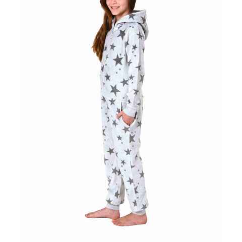 Normann Pyjama Damen Jumpsuit Overall mit Kapuze im Sternen Look aus Coralfleece