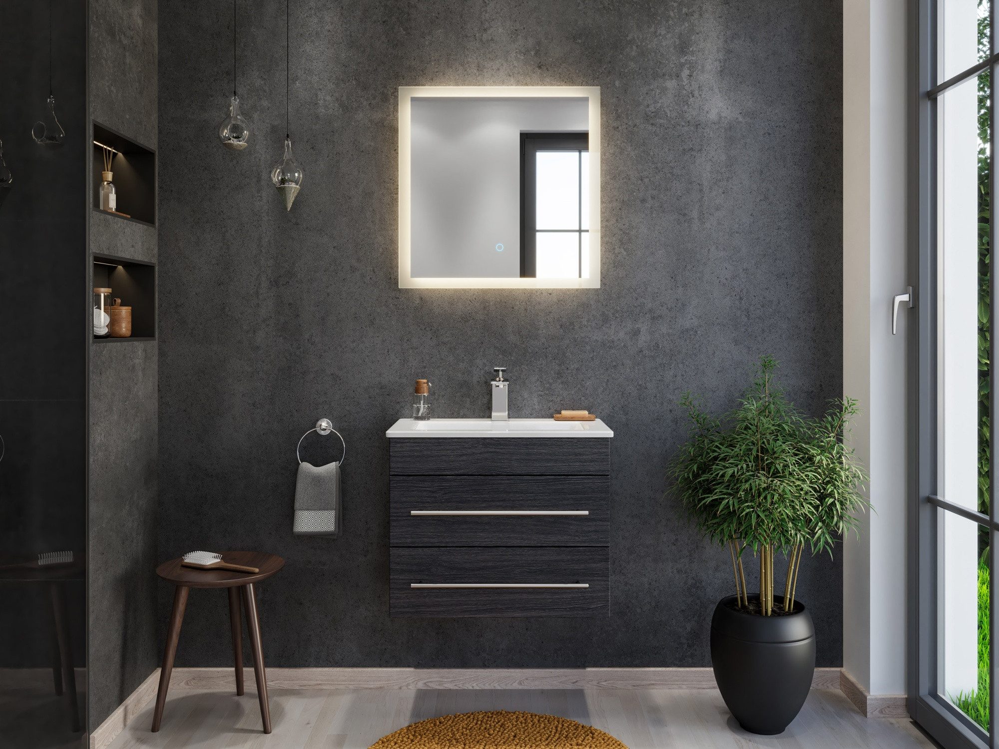 Magnolia Home Waschtisch Badmöbel Mars 600 SlimLine 2-tlg - LED Spiegel - 2 Schubladen anthrazi